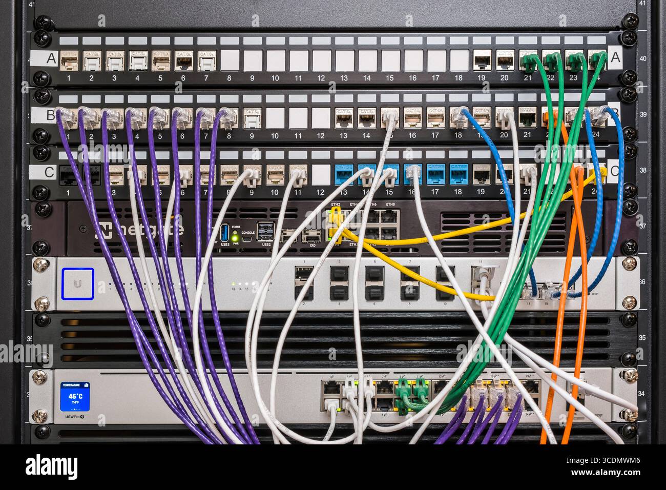 Dall'alto verso il basso, patch panel, appliance firewall Netgate 7100 con pfSense, switch UniFi XG 16 e uno switch UniFi Pro 24 PoE in server rack, Stati Uniti Foto Stock