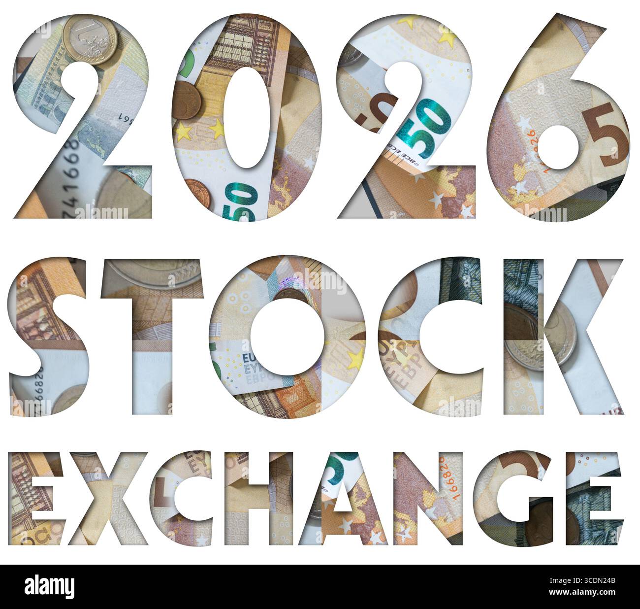 2026 Borsa con la consistenza di Euro, moneta europea, affari o finanza Foto Stock