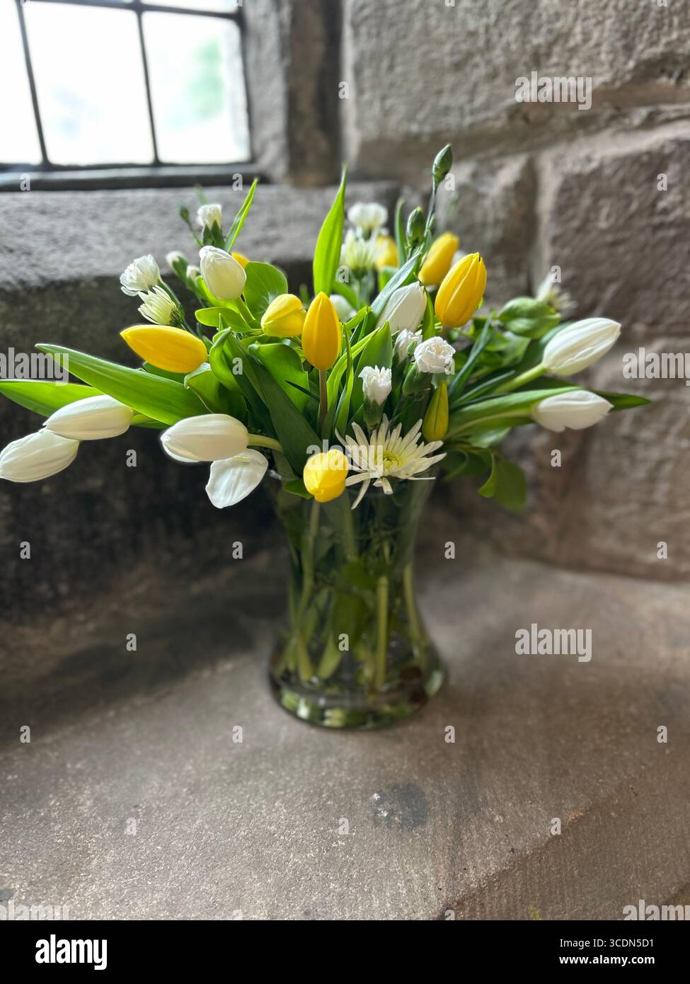 Giallo luminoso e bianco splendido allestimento floreale primaverile su davanzale della chiesa. Tulipani bianchi e gialli mescolati con crisantemi bianchi. - Immagine stock catturata con smartphone