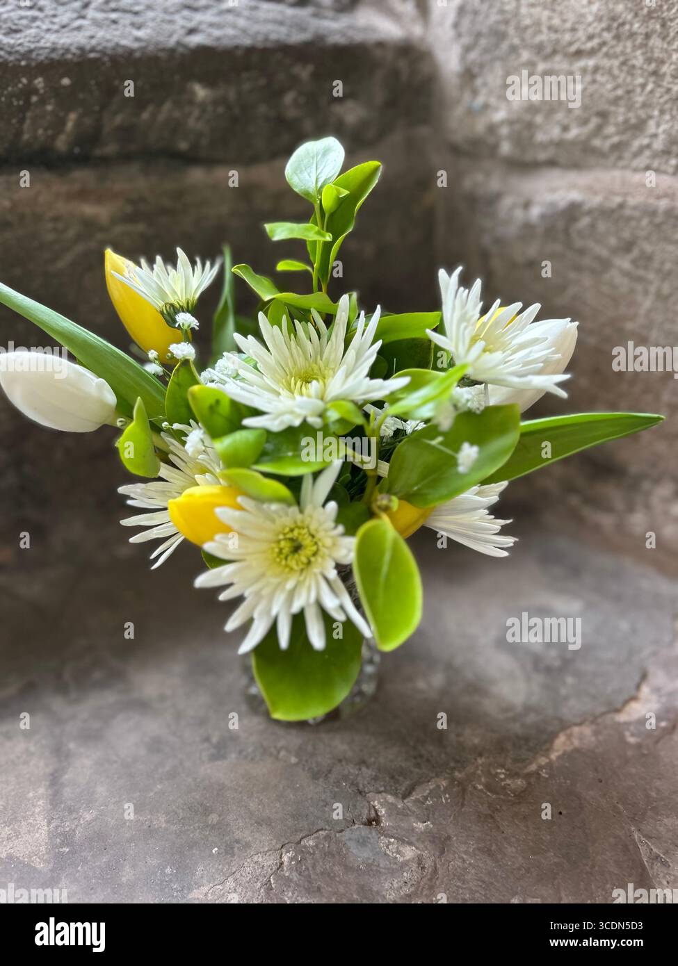 Giallo luminoso e bianco splendido allestimento floreale primaverile su davanzale della chiesa. Tulipani bianchi e gialli mescolati con crisantemi bianchi. Foto Stock