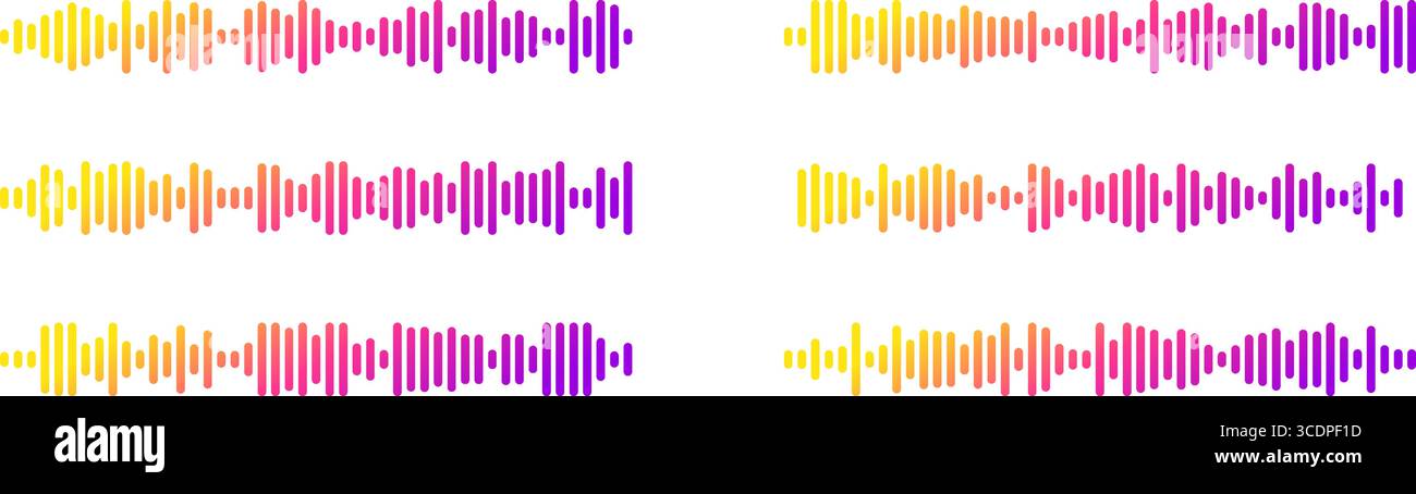 Sequenze di onde sonore podcast con forme d'onda colorate gradiente per la trasmissione audio e lo streaming. Illustrazione Vettoriale