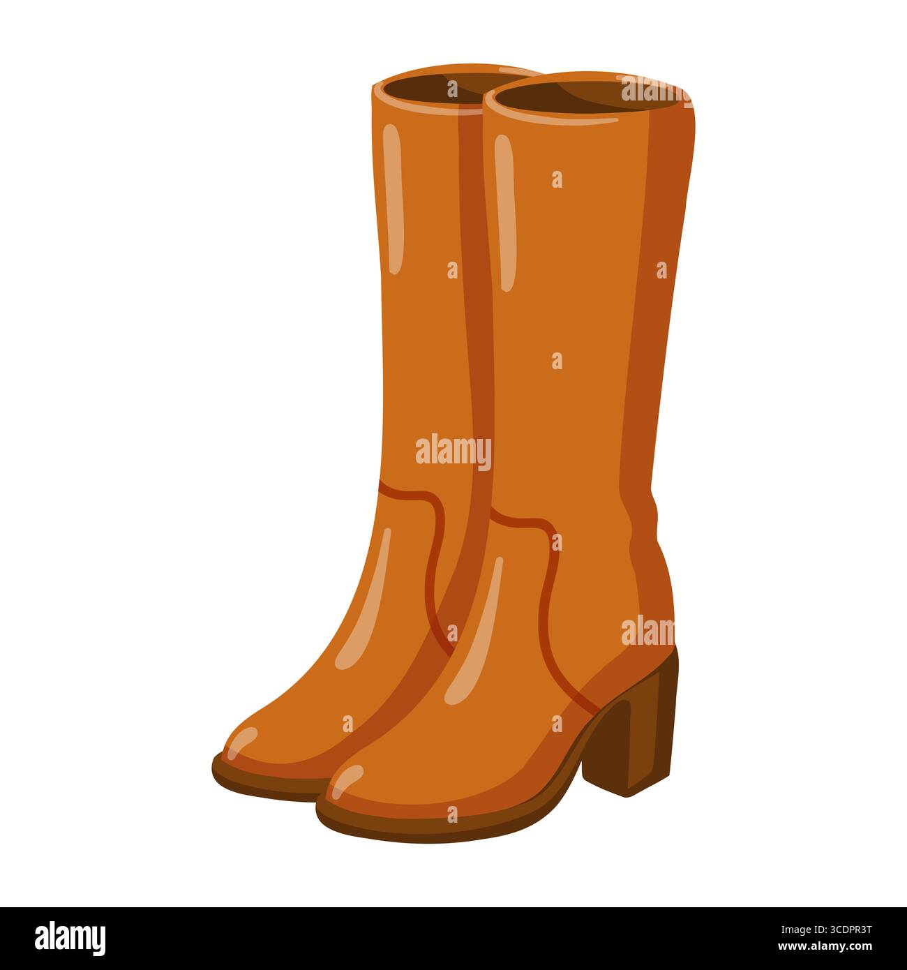 Stivali alti in pelle arancione scuro. Scarpe da donna calde autunnali. Illustrazione vettoriale cartoni animati su sfondo bianco. Illustrazione Vettoriale