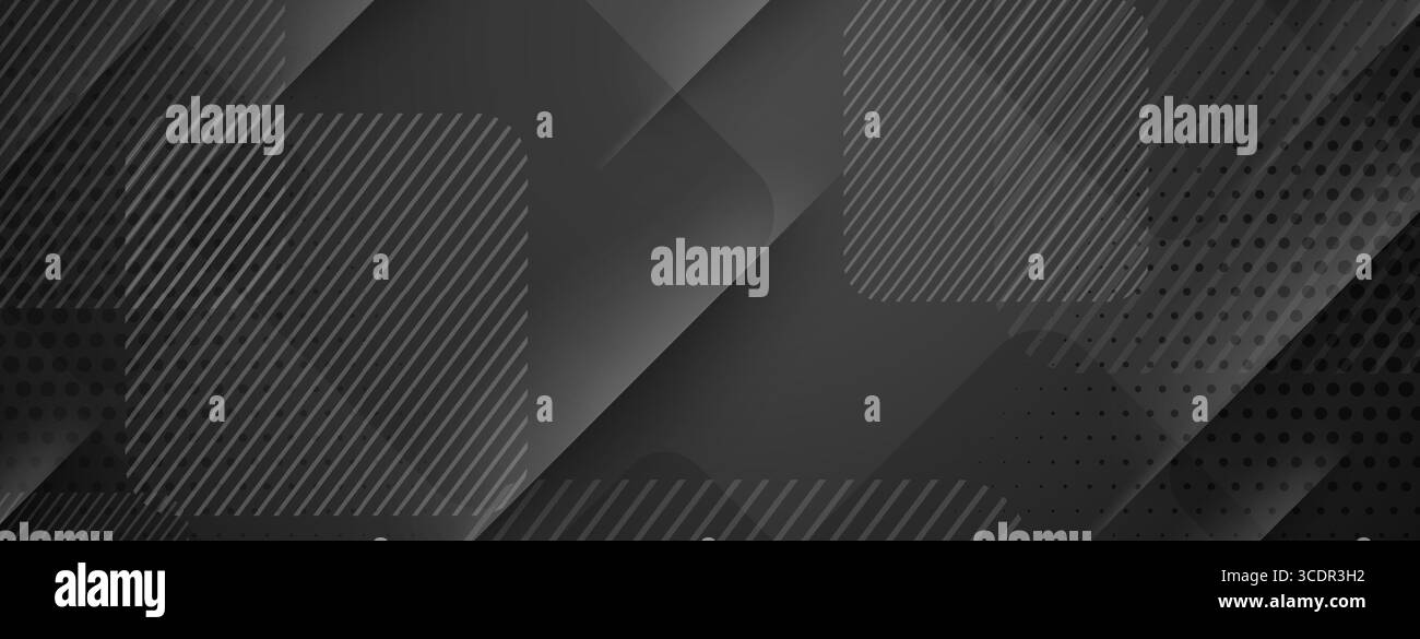 Sfondo astratto grigio scuro con forme geometriche stratificate, punti e linee diagonali, creando profondità e interesse visivo. Illustrazione Vettoriale