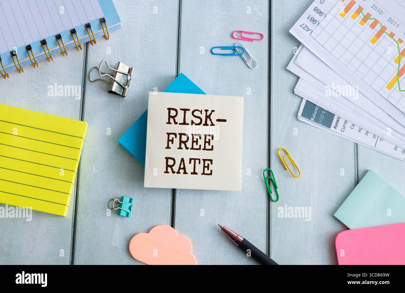 tasso privo di rischio sfondo verde brillante. un sacco di cancelleria multicolore e un blocco note con testo. calcolatrice Foto Stock