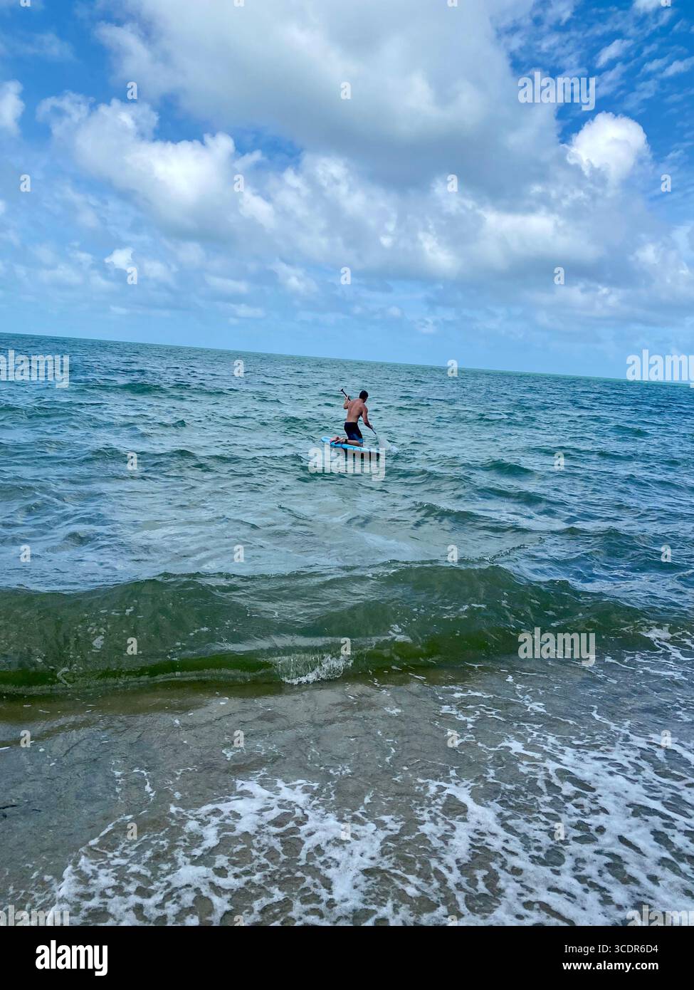 Uomo inginocchiato su un paddleboard tra le dolci onde del Mar dei Caraibi. Foto Stock