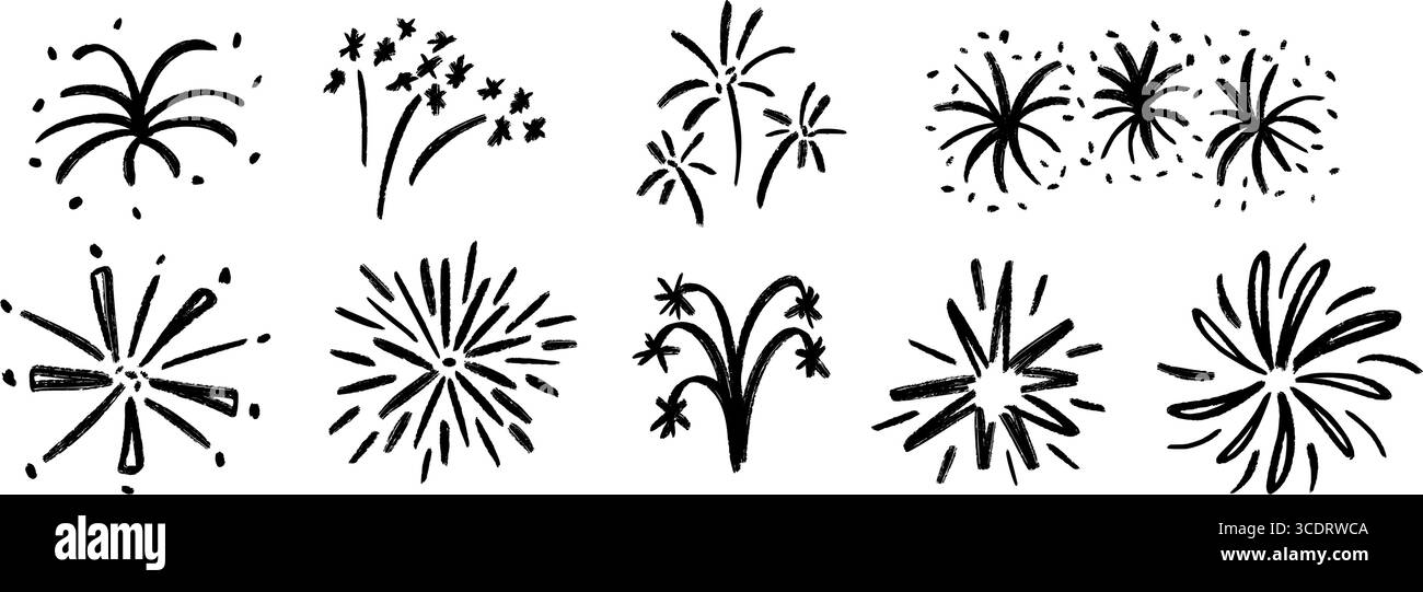 Set di fuochi d'artificio disegnati a mano. Collezione di elementi pirecracker con spiedini a pastello. Schizzi pastello di scintille, esplosioni, luci a stella. Adesivi scintillanti disegnati al carbone vettoriale per compleanni e feste Illustrazione Vettoriale