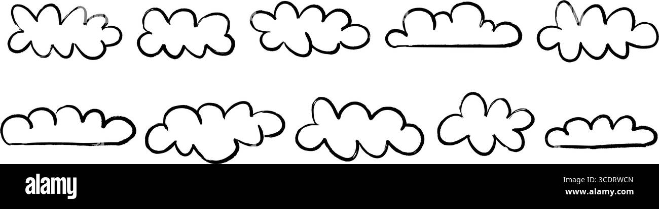 Collezione Black Crayon Cloud Shapes. Set di scarabocchi disegnati a mano. Fascio di nuvole graffiate ruvide. Confezione di elementi disegnati per bambini per striscioni, poster, collage, adesivi. Simpatico dialogo fumetto vettoriale Illustrazione Vettoriale
