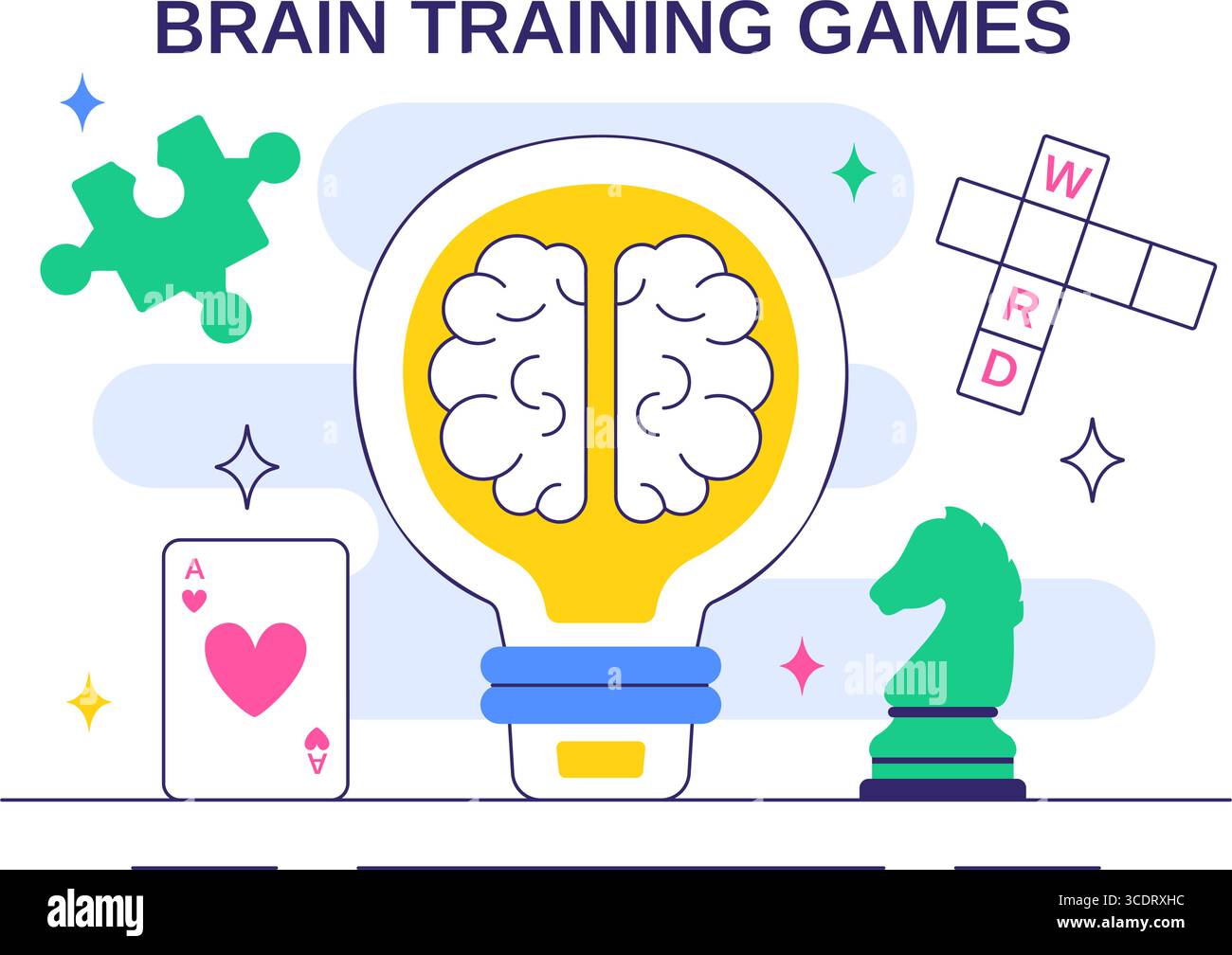 Brain Training Games illustrazione vettoriale con persone che si divertono con Riddles, Crosswords, gioco logico e Puzzle Solving in uno sfondo piatto Illustrazione Vettoriale