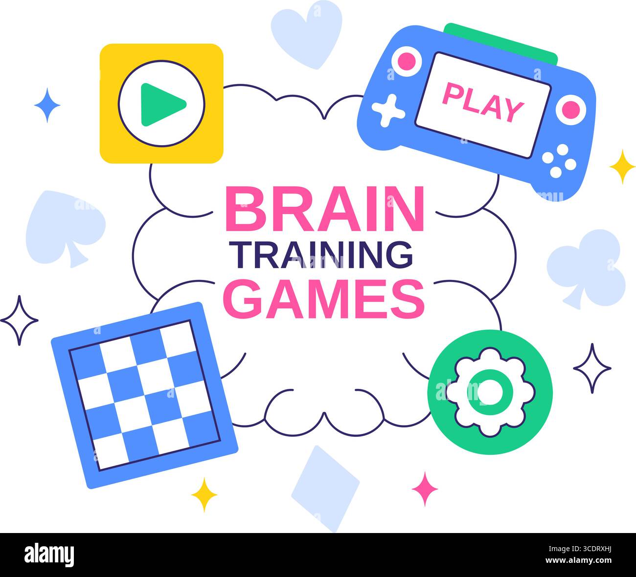 Brain Training Games illustrazione vettoriale con persone che si divertono con Riddles, Crosswords, gioco logico e Puzzle Solving in uno sfondo piatto Illustrazione Vettoriale
