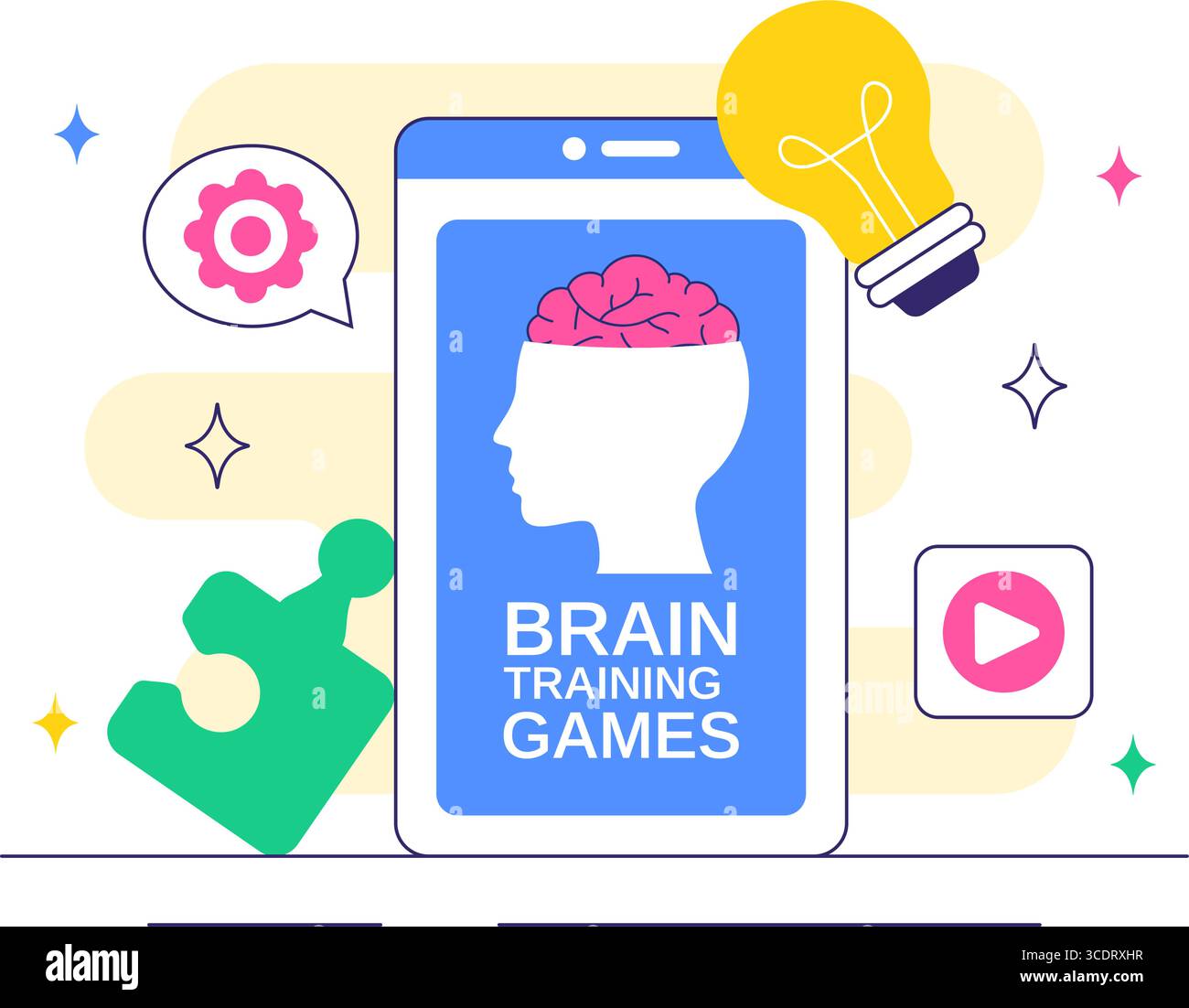 Brain Training Games illustrazione vettoriale con persone che si divertono con Riddles, Crosswords, gioco logico e Puzzle Solving in uno sfondo piatto Illustrazione Vettoriale