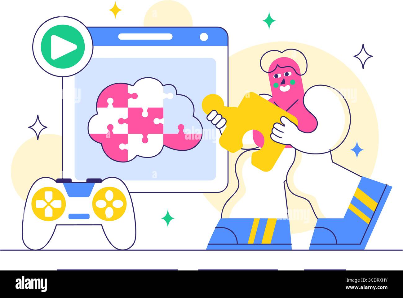 Brain Training Games illustrazione vettoriale con persone che si divertono con Riddles, Crosswords, gioco logico e Puzzle Solving in uno sfondo piatto Illustrazione Vettoriale