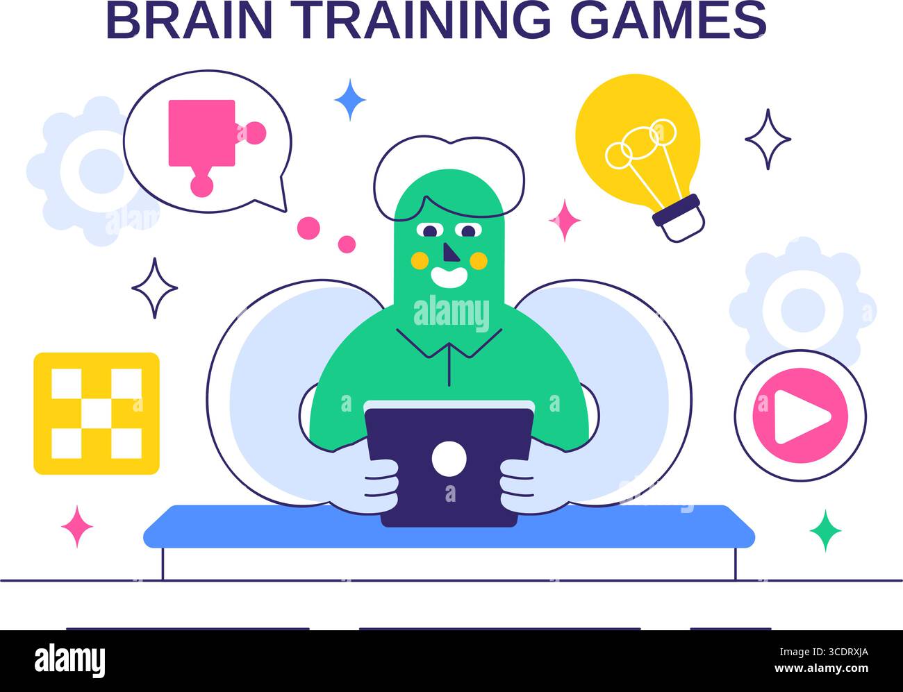 Brain Training Games illustrazione vettoriale con persone che si divertono con Riddles, Crosswords, gioco logico e Puzzle Solving in uno sfondo piatto Illustrazione Vettoriale