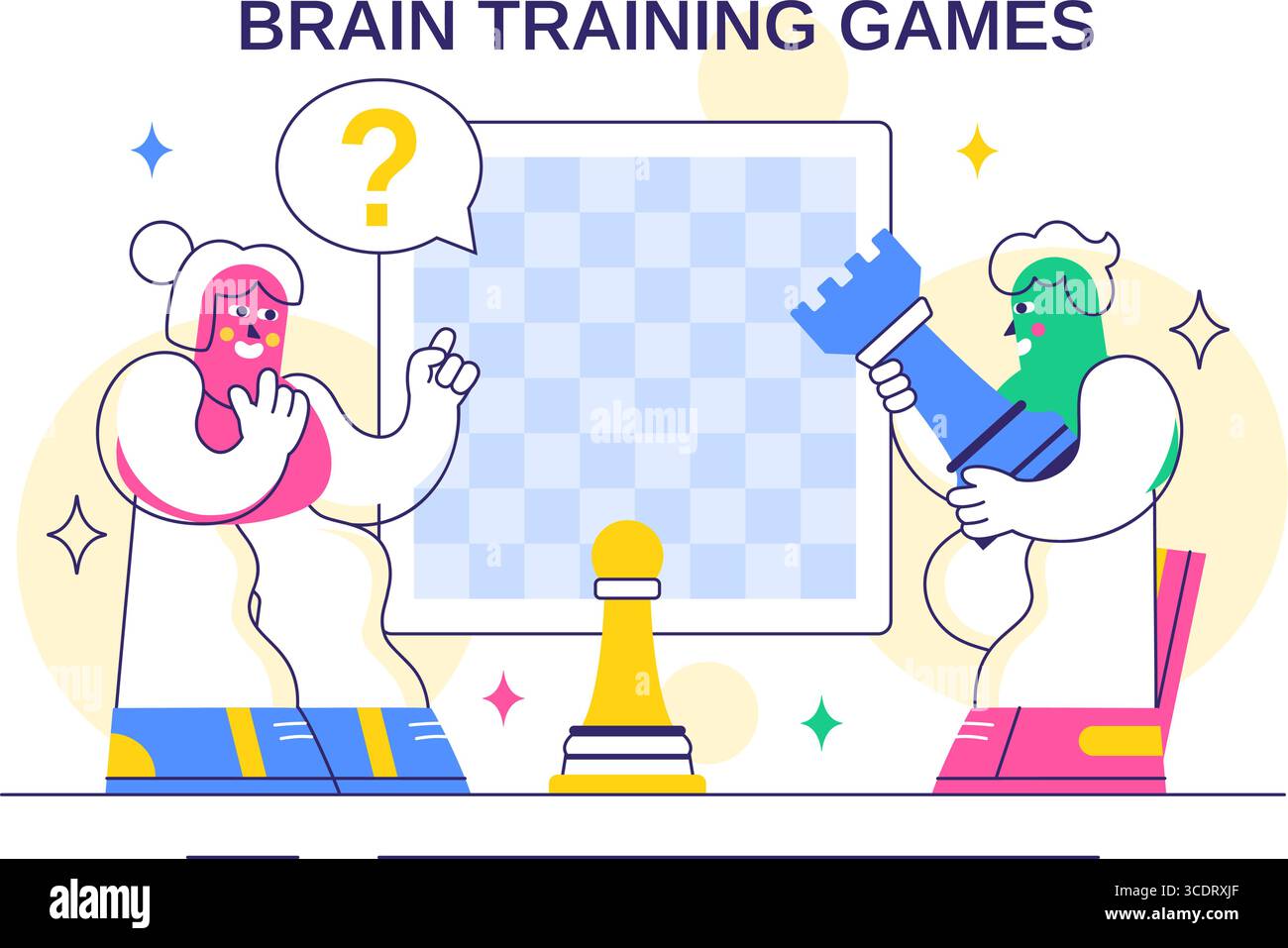 Brain Training Games illustrazione vettoriale con persone che si divertono con Riddles, Crosswords, gioco logico e Puzzle Solving in uno sfondo piatto Illustrazione Vettoriale