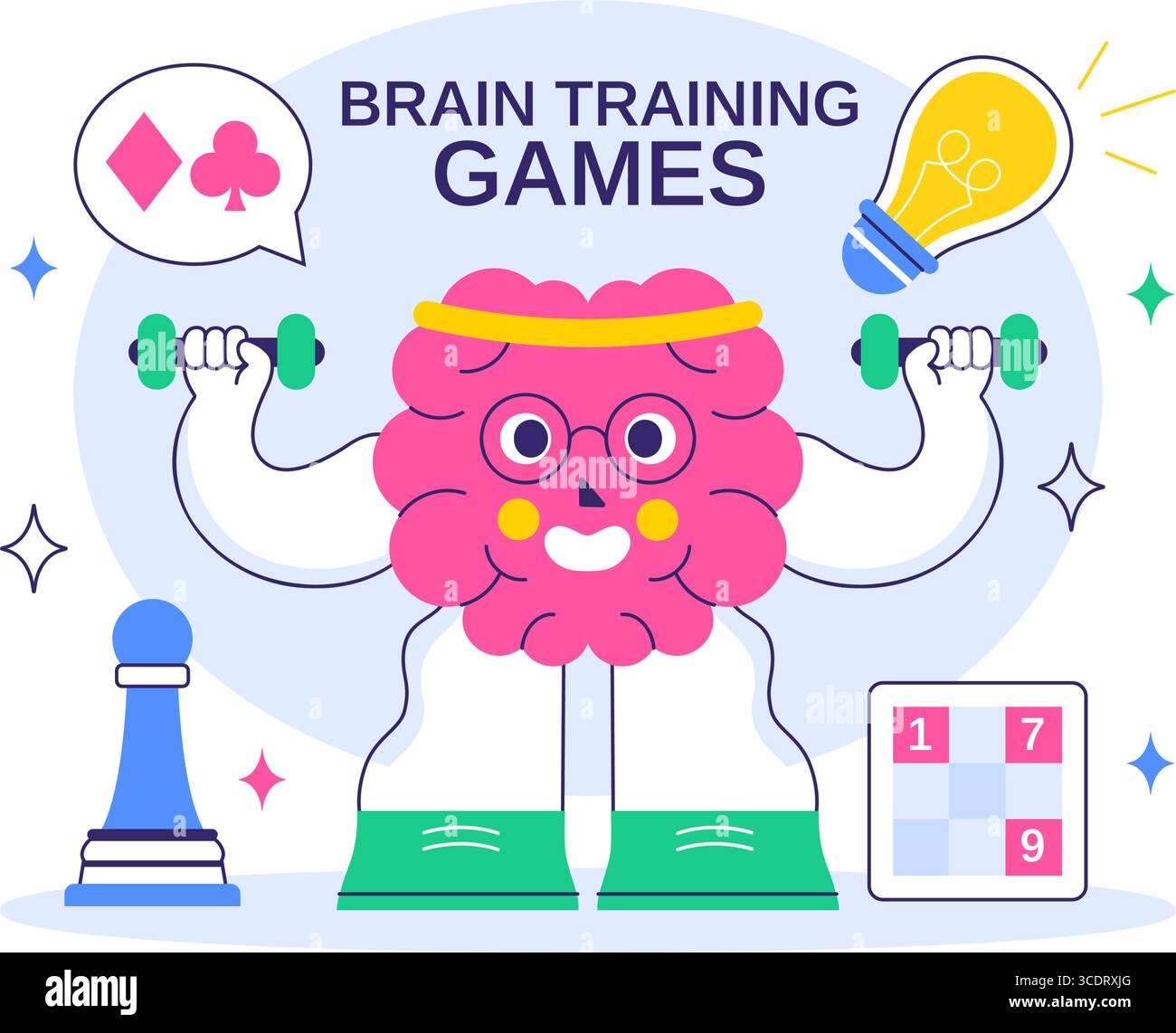 Brain Training Games illustrazione vettoriale con persone che si divertono con Riddles, Crosswords, gioco logico e Puzzle Solving in uno sfondo piatto Illustrazione Vettoriale