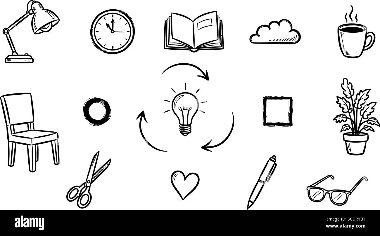Titolo: Illustrazione di un orologio con lampada, un caffè in cloud con strumenti creativi per l'ufficio e un design stimolante per la produttività dell'area di lavoro Illustrazione Vettoriale