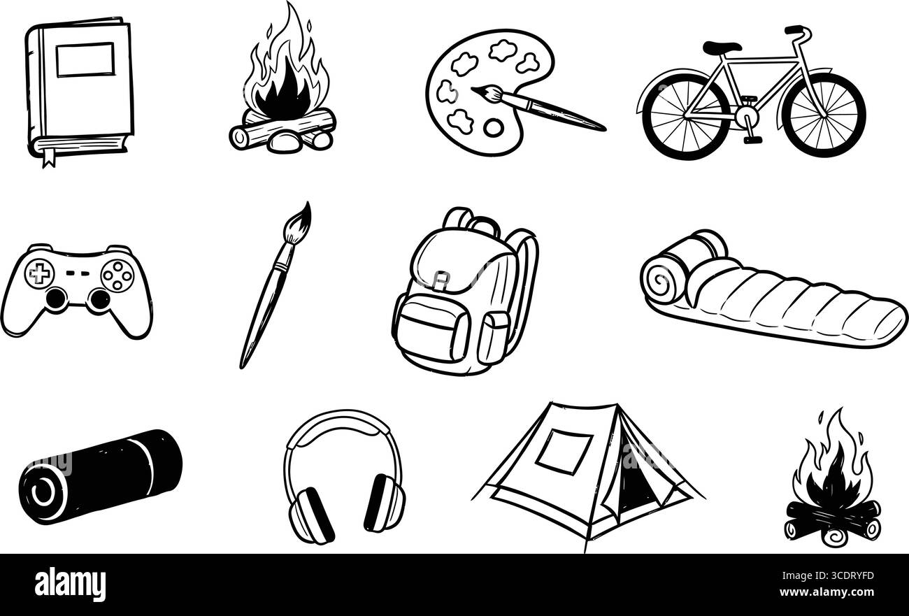 Illustrazione dello zaino da campeggio Fire art con gioiosa attrezzatura per l'avventura all'aperto e vivaci vibrazioni dello stile di vita Illustrazione Vettoriale