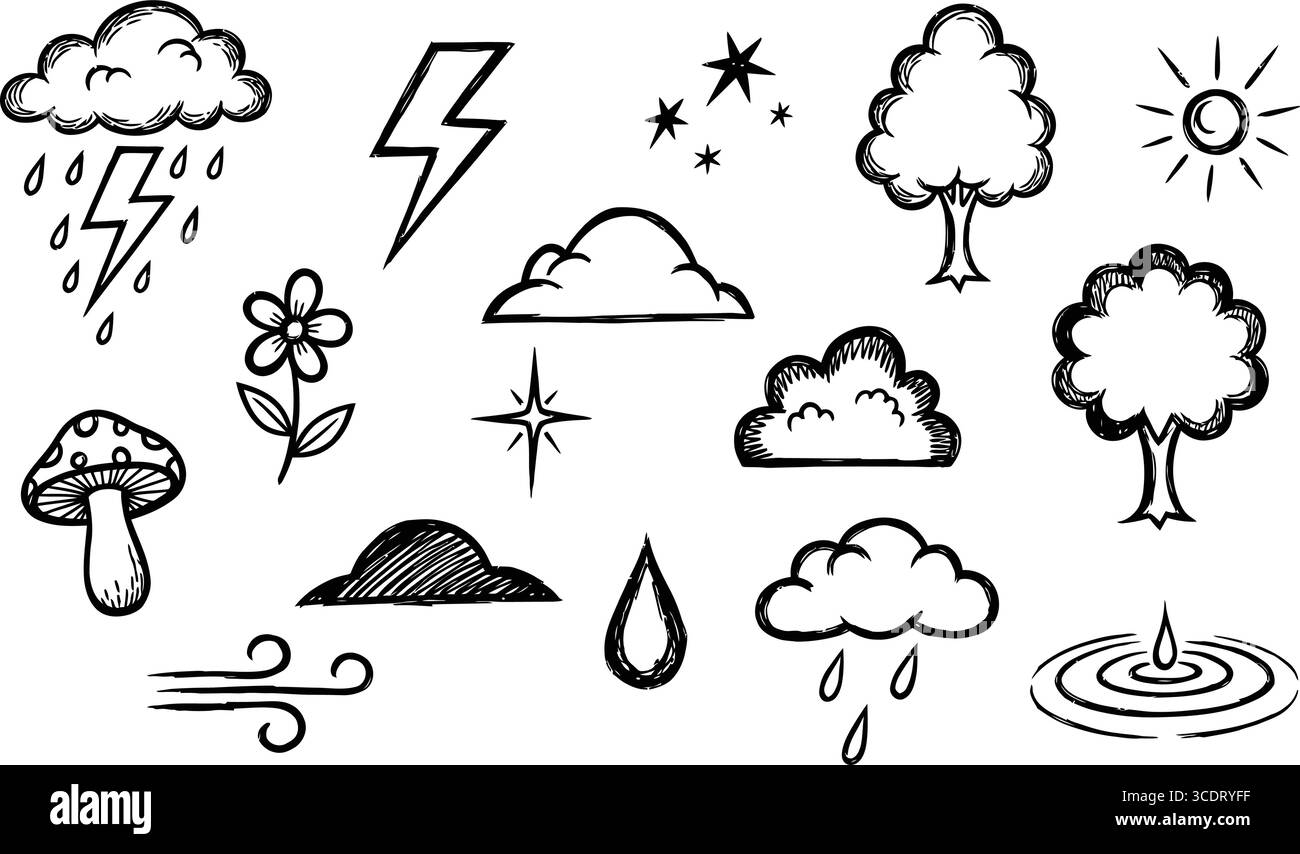 La natura dell'albero dei fulmini disegnato a mano disegna le opere d'arte con un bel tempo all'aperto e un'energia artistica elevante Illustrazione Vettoriale