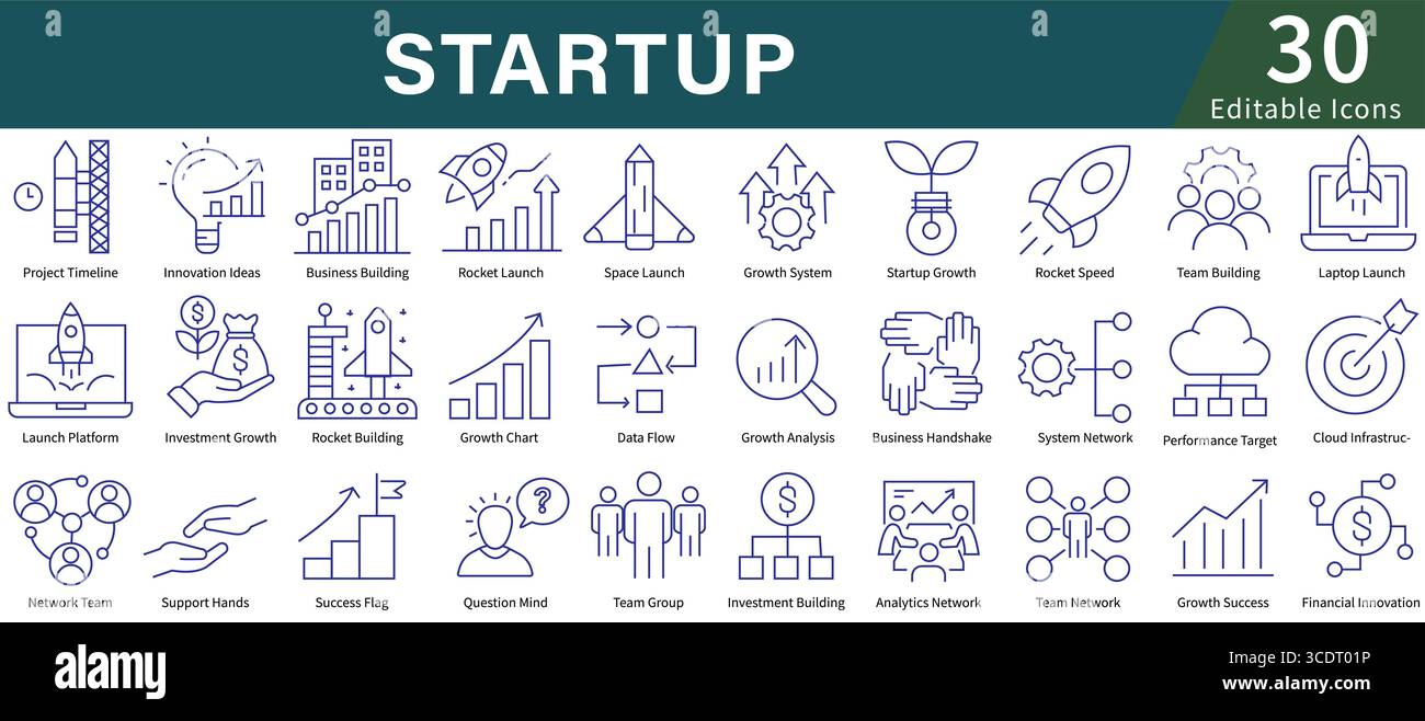 Icona di avvio impostata in stile di linea con Editable Vector for Business Launch, Entrepreneur, Innovation e New Venture Illustrazione Vettoriale