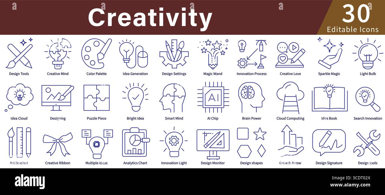 Icona creatività in stile linea con vettore modificabile per innovazione, design, arte e processo creativo Illustrazione Vettoriale