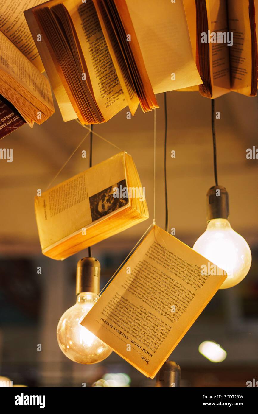 Molti libri fluttuano nell'aria, insieme a lampadine e illuminazione calda, immaginazione, storie, testi, lettere. Molte storie da raccontare e imparare. Foto Stock