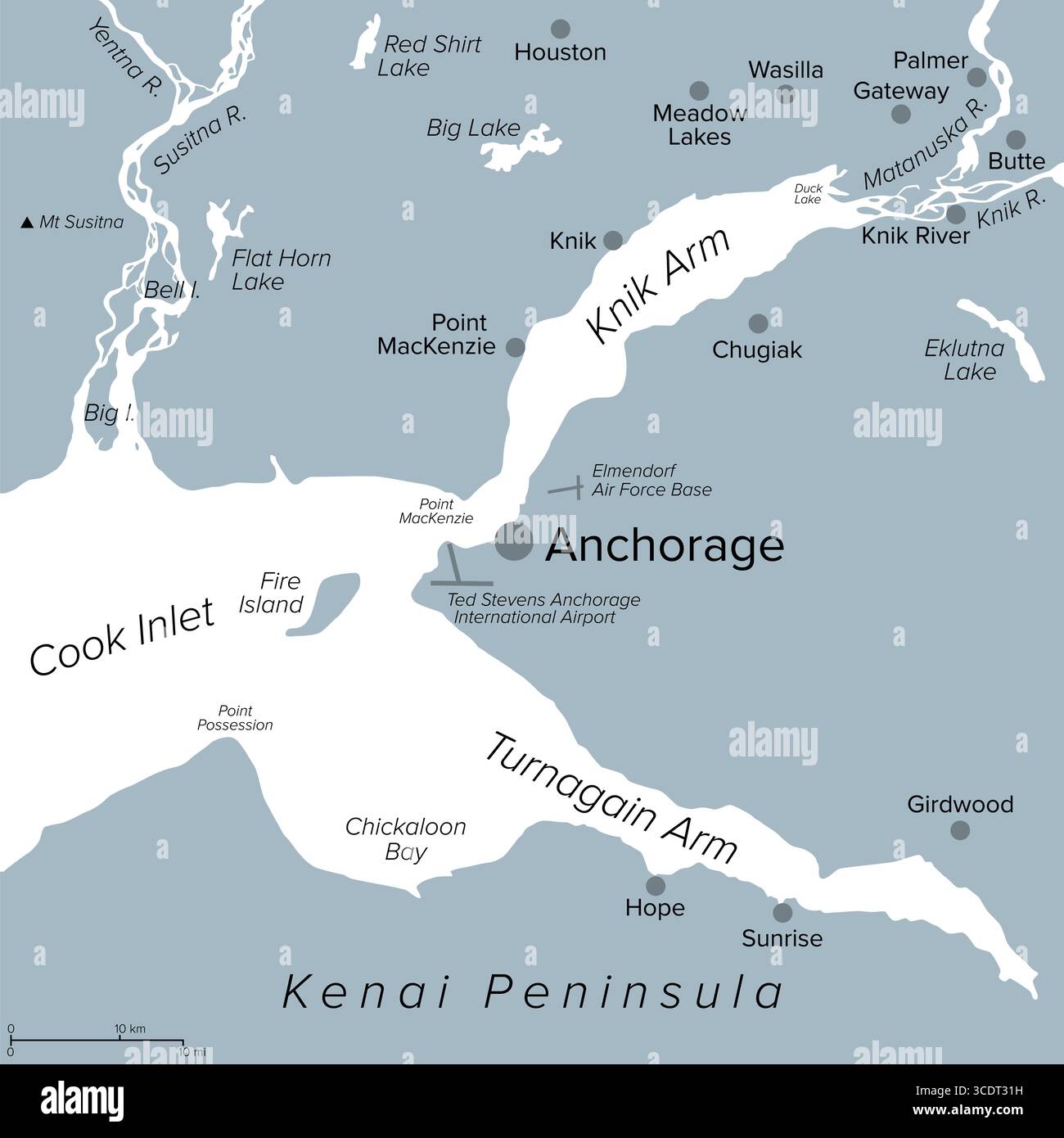 Ancoraggio e vicinanza, mappa politica. Comune di Anchorage e città più popolosa dello stato dell'Alaska. Situato al capolinea del Cook Inlet. Foto Stock