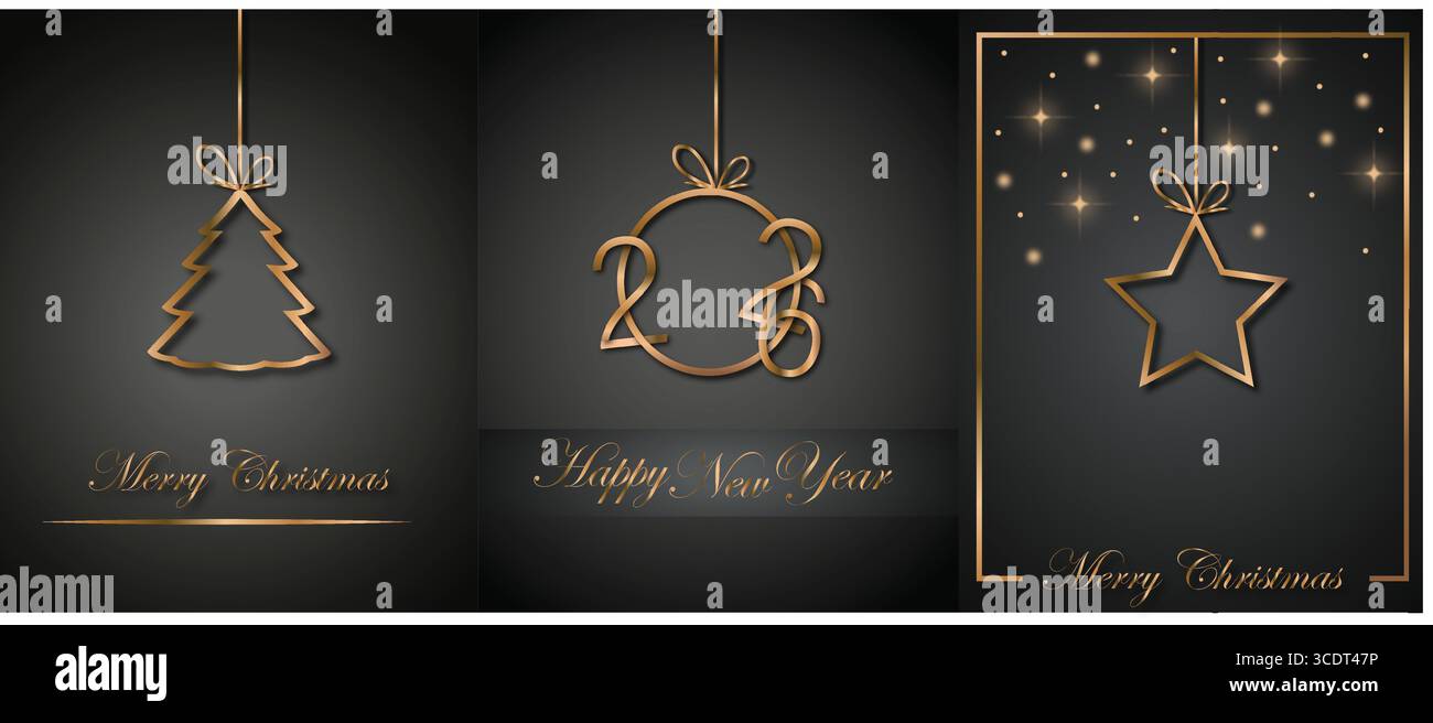 2026 sfondo felice anno nuovo per inviti stagionali, poster festivi, biglietti di auguri, glitter isolato su sfondo nero. Illustrazione Vettoriale
