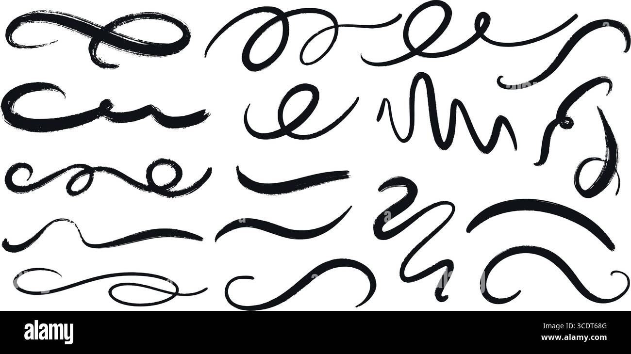 Set di pennelli a inchiostro testurizzato disegnati a mano. Onda, ondulata, turbolenza, linea, linea curva. Disegno a matita grunge o gesso, elemento di design, vettore Illustrazione Vettoriale