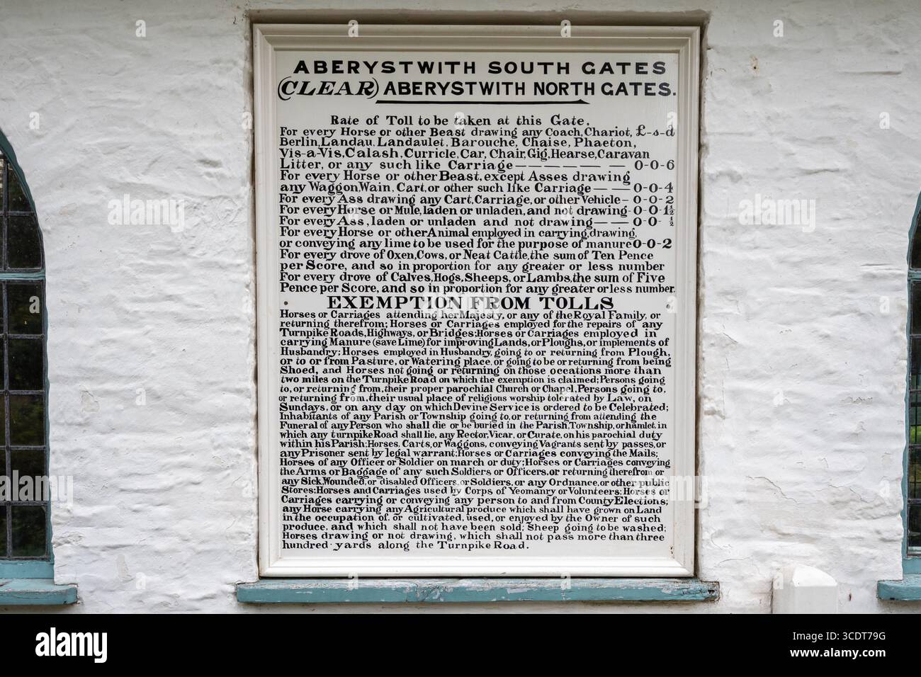 Elenco dei pedaggi per gli animali e i veicoli presenti sul casello storico di Aberystwyth presso il St Fagans National Museum of History, Galles del Sud, Regno Unito Foto Stock