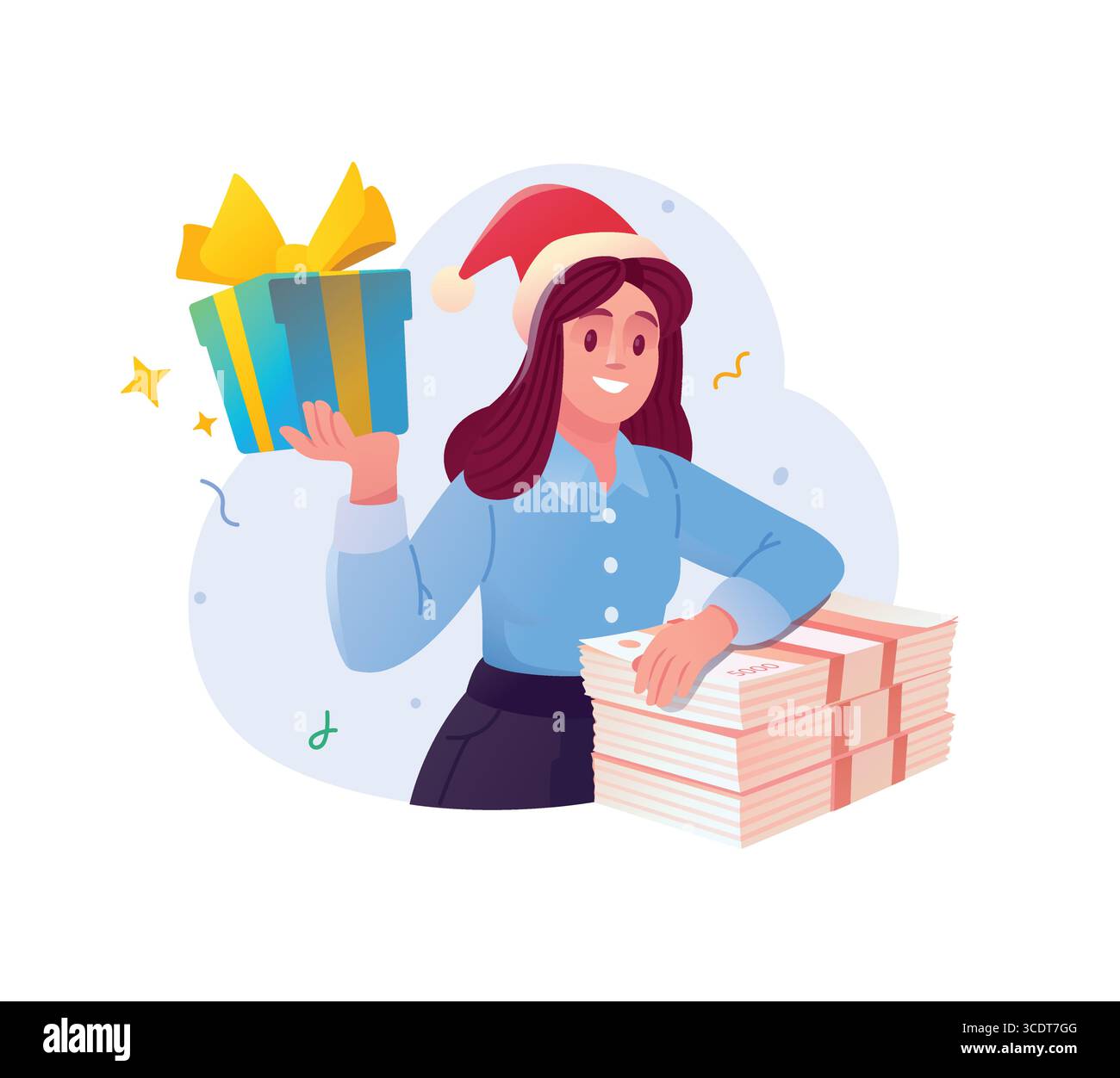 Illustrazione di una ragazza con un cappello di Capodanno con un briciolo di soldi e un regalo. Vettore. Regali e pagamenti in contanti per il nuovo anno. Una mascotte e un personaggio Illustrazione Vettoriale