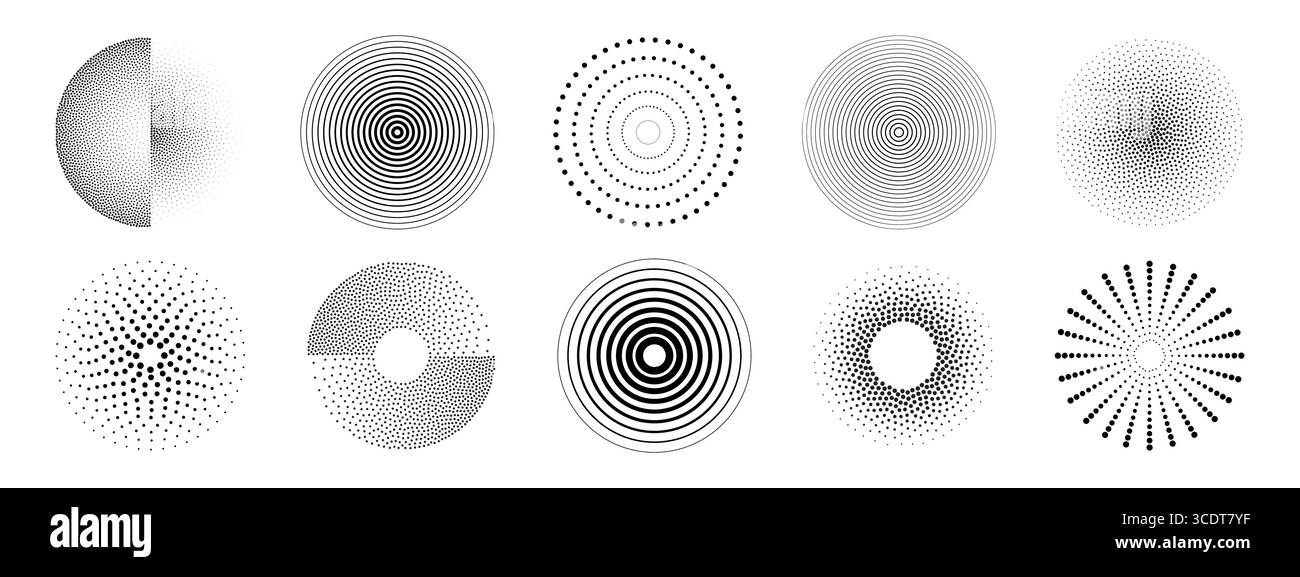 Cerchi con campitura a punti increspata con sfumature di mezzitoni, anelli concentrici e disegni radiali per grafica astratta. Formazioni a spirale, texture a puntinismo e raffiche geometriche per l'arte digitale minimalista. Illustrazione Vettoriale