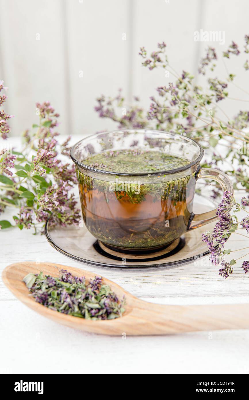 Origano fatto in casa, tè alle erbe all'Origanum vulgare in una tazza da tè. Bevanda calda al vapore con fiori freschi e secchi di origano in fiore, tavola di legno bianca. Foto Stock