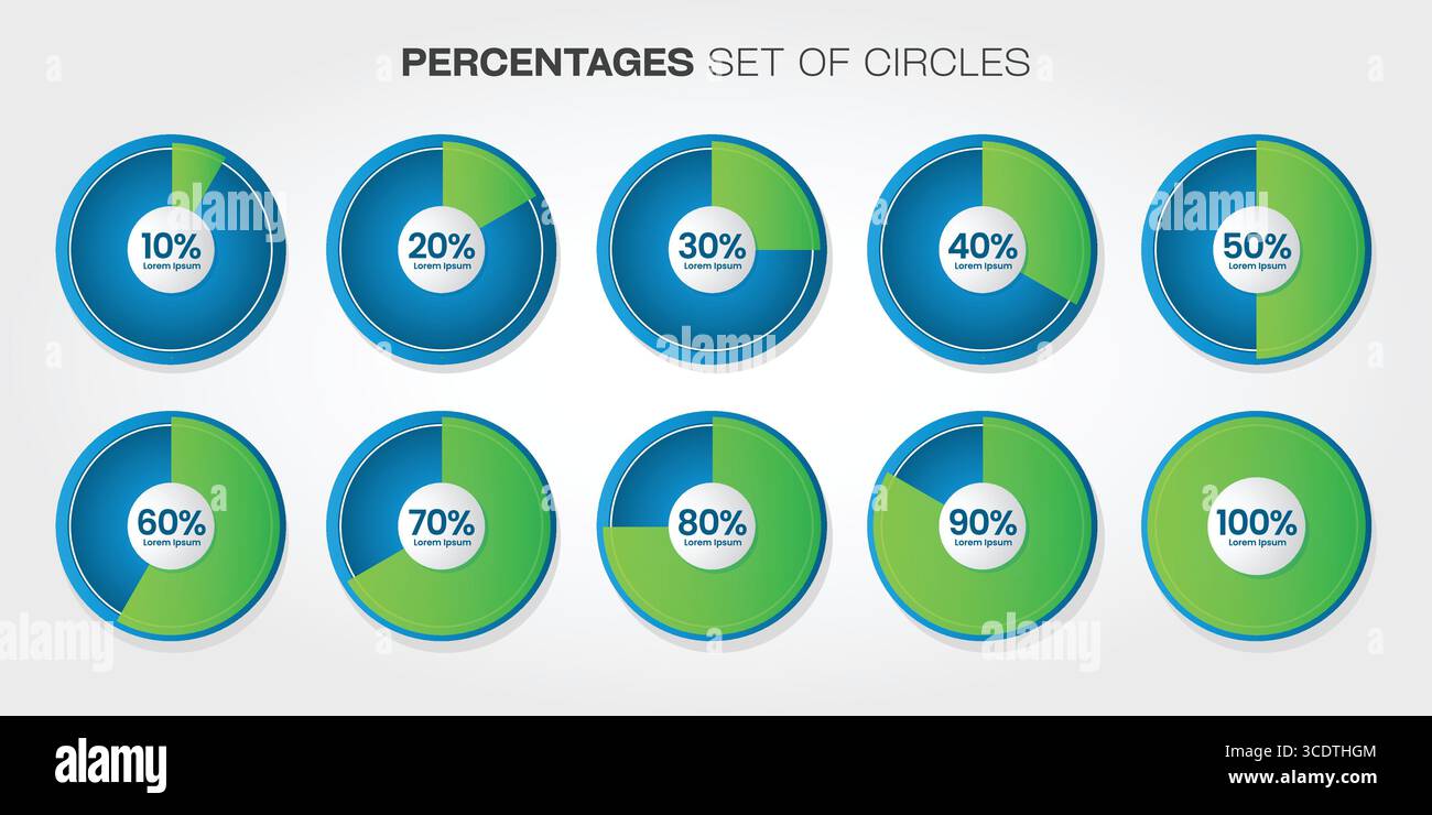Set di grafici circolari percentuali – infografica sulla visualizzazione dei dati per il monitoraggio delle statistiche e dei progressi. Illustrazione Vettoriale