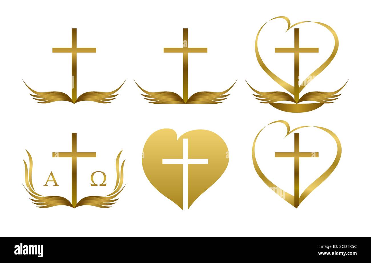 Croci d'oro, cuori e libri. Simboli religiosi di fede e speranza. Set di icone cristiane creative. Design T-shirt. Elementi grafici isolati. Illustrazione Vettoriale