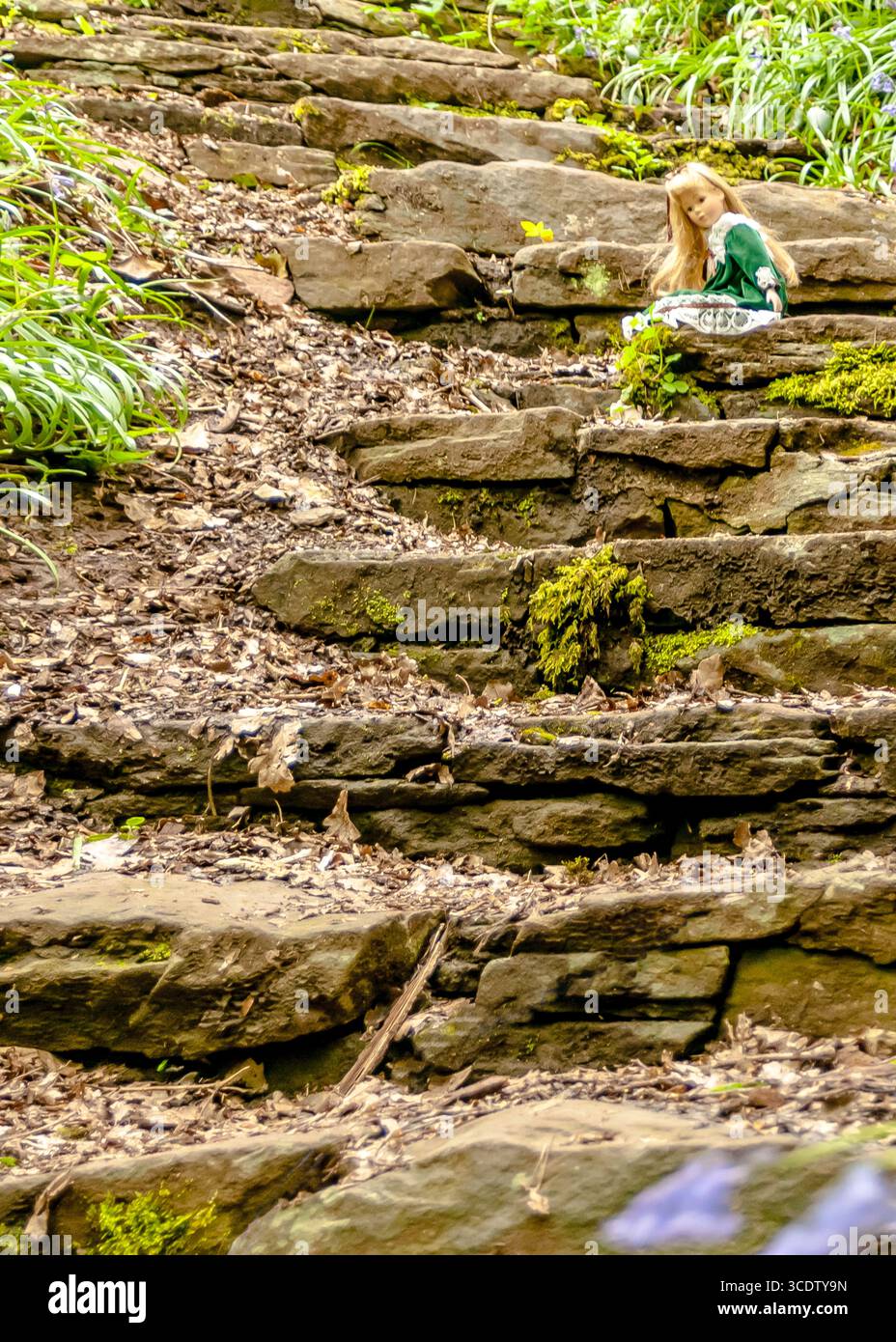Una bambola in un abito verde si trova su una scala di pietra in un ambiente forestale. Foto Stock
