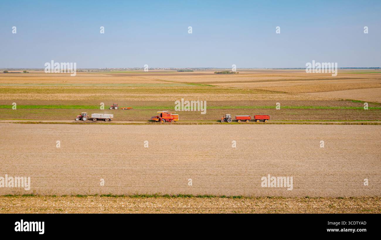 Sopra la visuale, la trebbiatrice mentre passa tra i campi agricoli su un sentiero rurale, viaggia su una strada polverosa. Due trattori con rimorchi vengono azionati sullo stesso modo Foto Stock