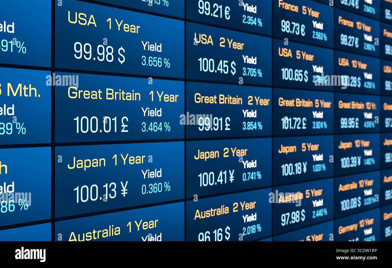 Primo piano sui rendimenti e sui prezzi dei mercati obbligazionari, sui titoli di Stato di Stati Uniti, Gran Bretagna e Giappone. Mercati finanziari, investimenti, debito, analisi, dati. Illustrazione 3D img bond market021s04 Global interest rates Foto Stock
