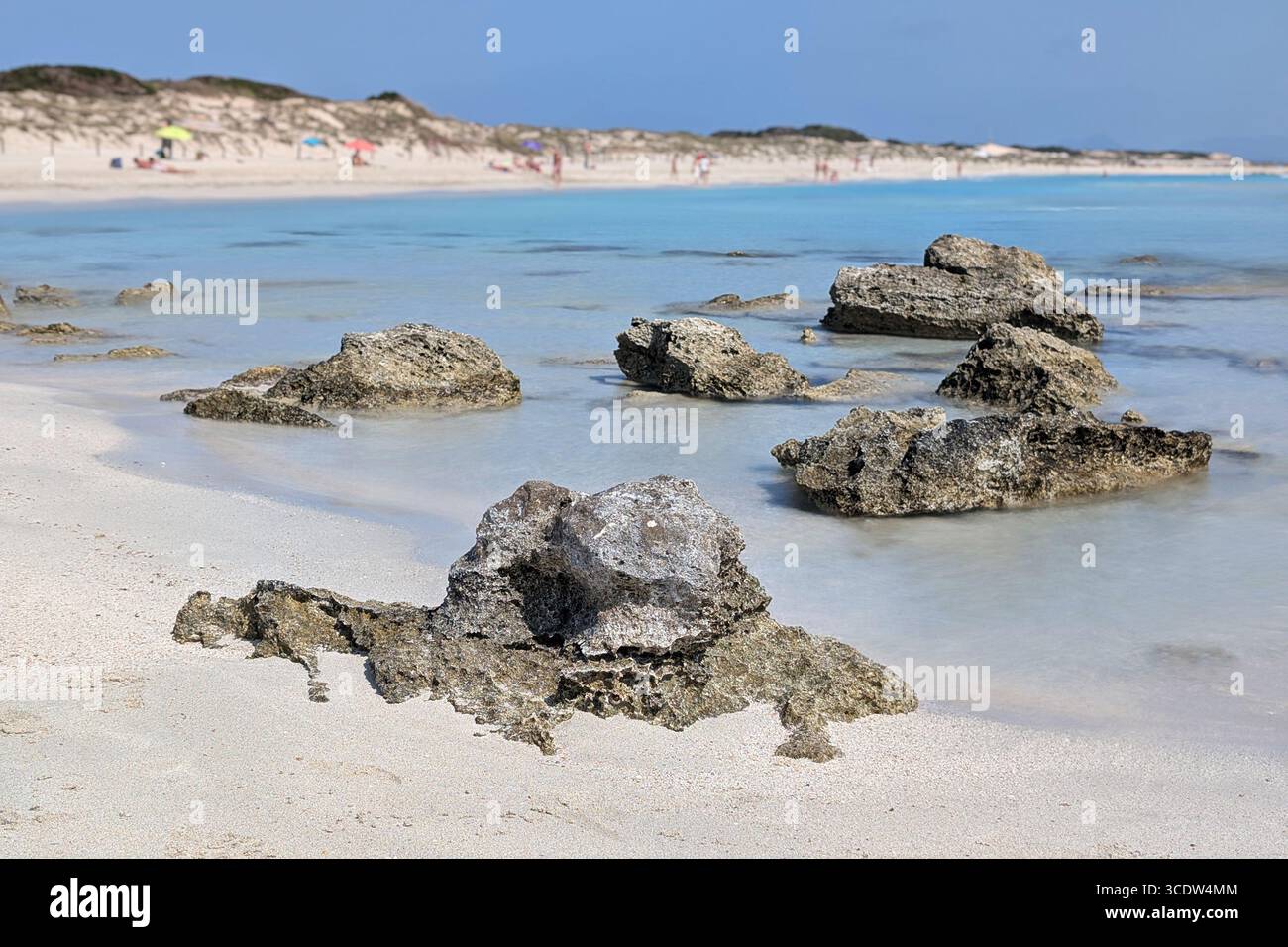 Tessuti rocciosi e acqua dolce a Llevant Beach, Formentera, Isole Baleari, Spagna. Foto Stock