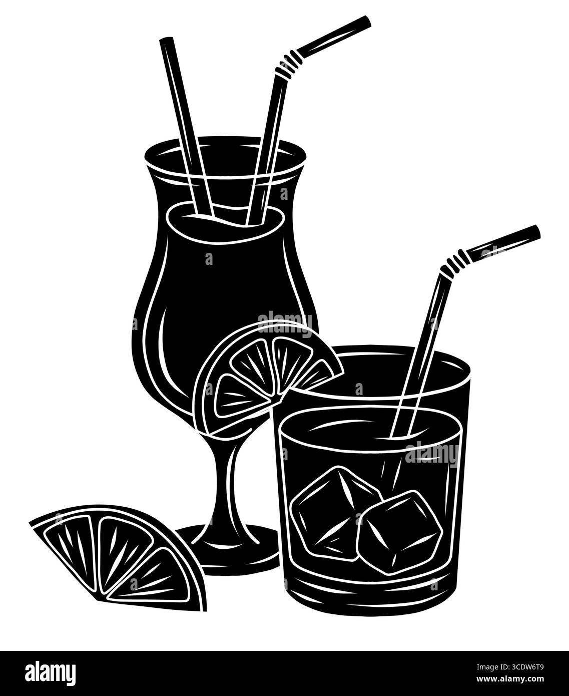 Illustrazione vettoriale di due cocktail con fette di limone e cubetti di ghiaccio con silhouette nera. Ideale per menu, arredamento da bar o eventi estivi Illustrazione Vettoriale