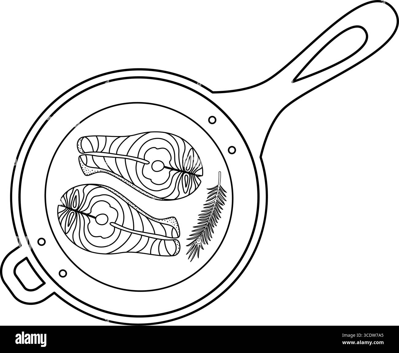 Delineare bistecche di salmone ciuffo di rosmarino sulla padella con manici poster per alimenti sani elemento di design. Illustrazione vettoriale isolata mangiare sano carte a tema Menu ricette carte banner, volantini, etichette Illustrazione Vettoriale