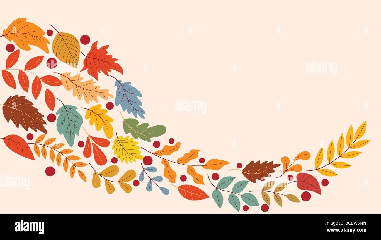 Caldo modello autunnale orizzontale con decorazioni fogliari. Cascata colorata. Layout a tema autunnale con spazio di copia e grafica vettoriale Illustrazione Vettoriale