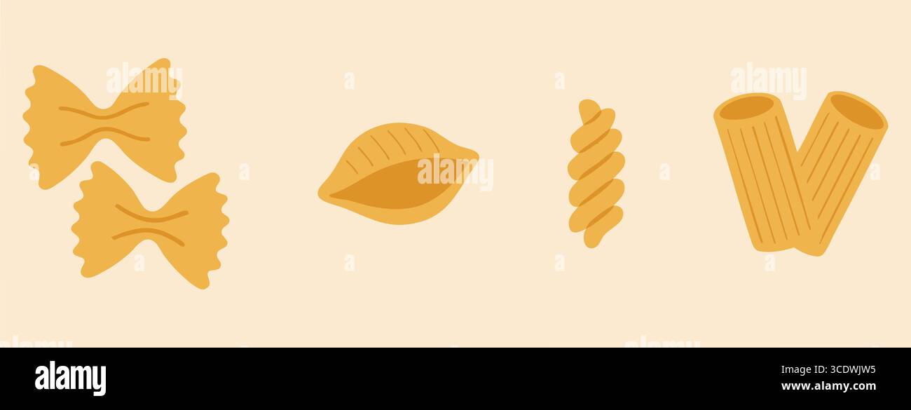 Icone del cibo piatto della pasta secca su uno sfondo chiaro che mostra lacci conchiglie torsioni e tubi corti. Illustrazione Vettoriale
