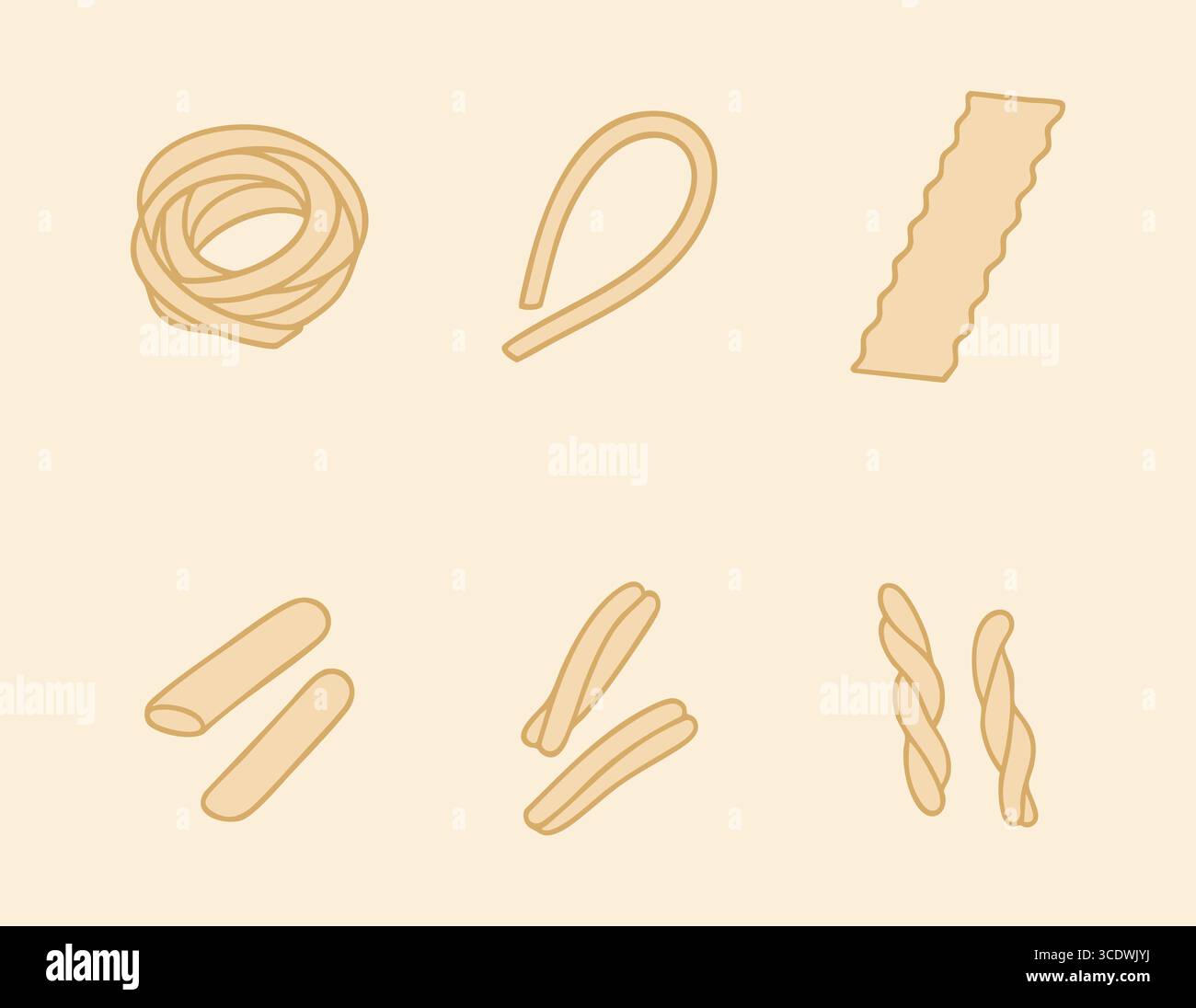 Semplici icone di linea abbronzata di spaghetti disposti come anelli nastri strisce piatte bastoncini e piccole crepusure su un pannello luminoso. Illustrazione Vettoriale