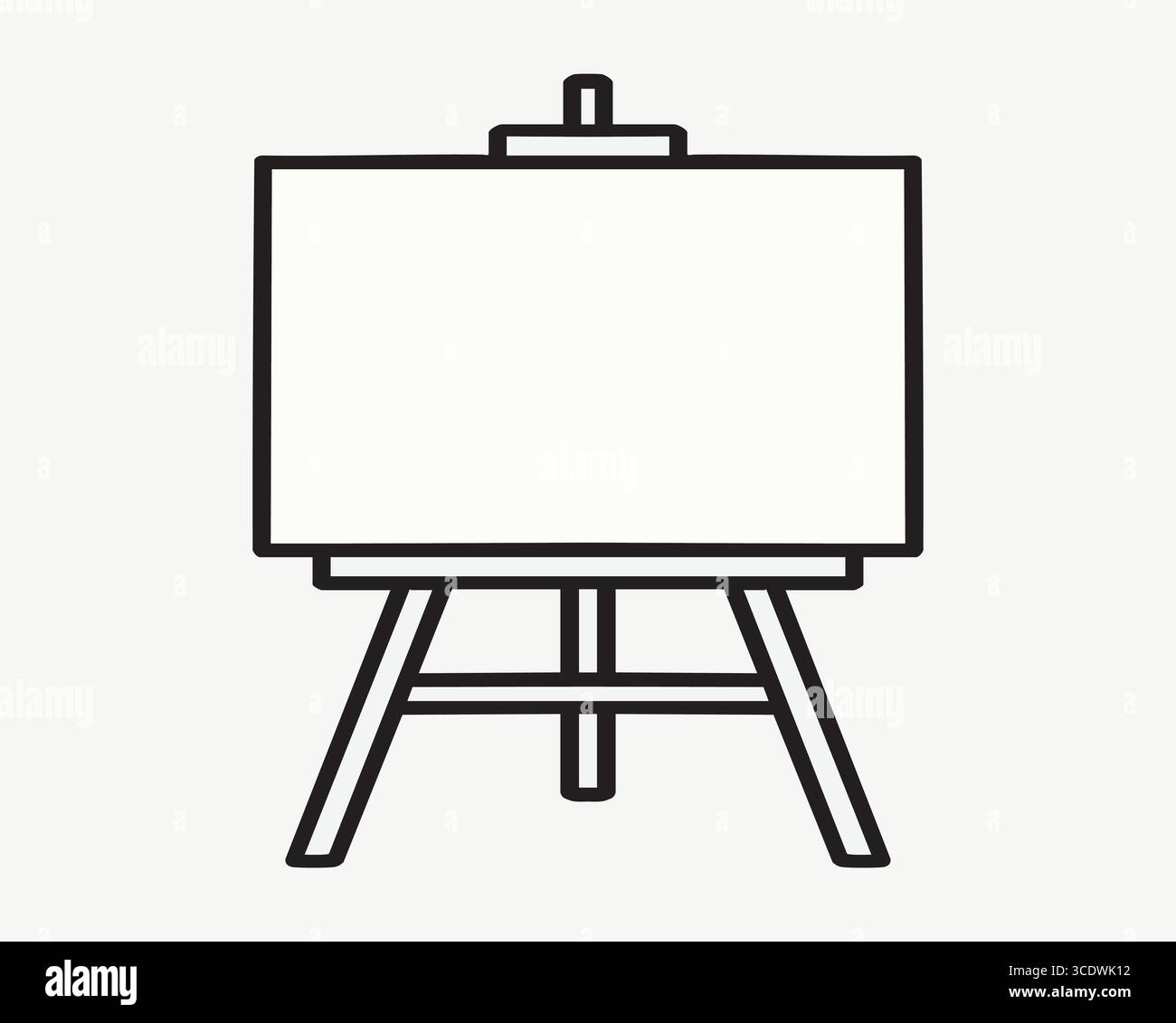 Disegno lineare minimo di un cavalletto da studio con una tela rettangolare centrata su uno sfondo grigio neutro. Illustrazione Vettoriale