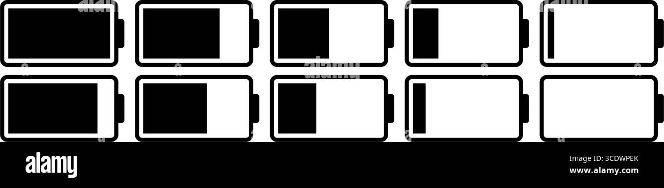 Set di icone di batteria scarica che mostra dieci livelli orizzontali da carica a scarica in bianco e nero. Adatto per la progettazione di interfacce utente, applicazioni mobili e dashboard digitali Illustrazione Vettoriale