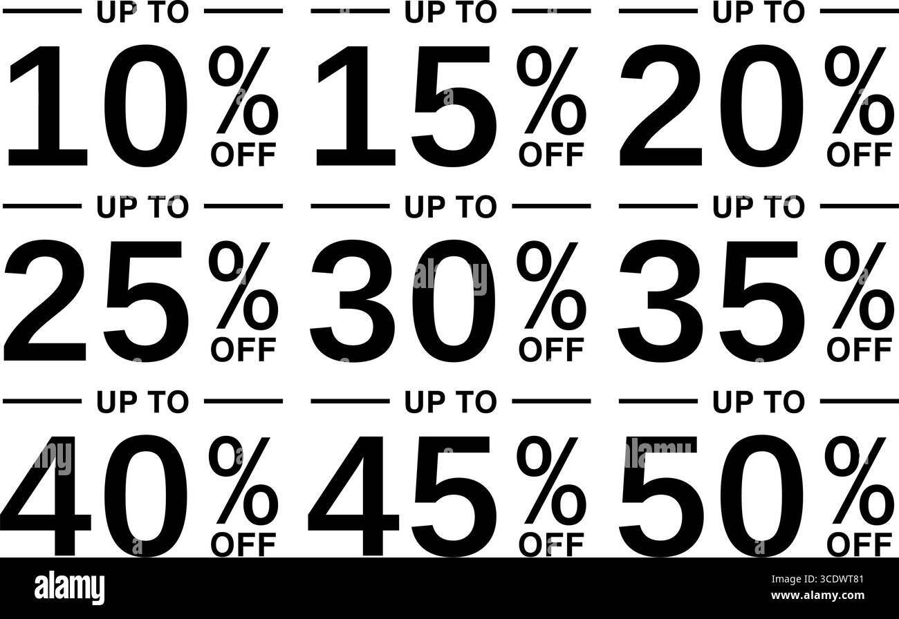 Set di badge di sconto vettoriali monocromatici con sconti fino al 10-50% sulle etichette, ideali per vendite e-commerce minimaliste, promozioni e banner di marketing Illustrazione Vettoriale