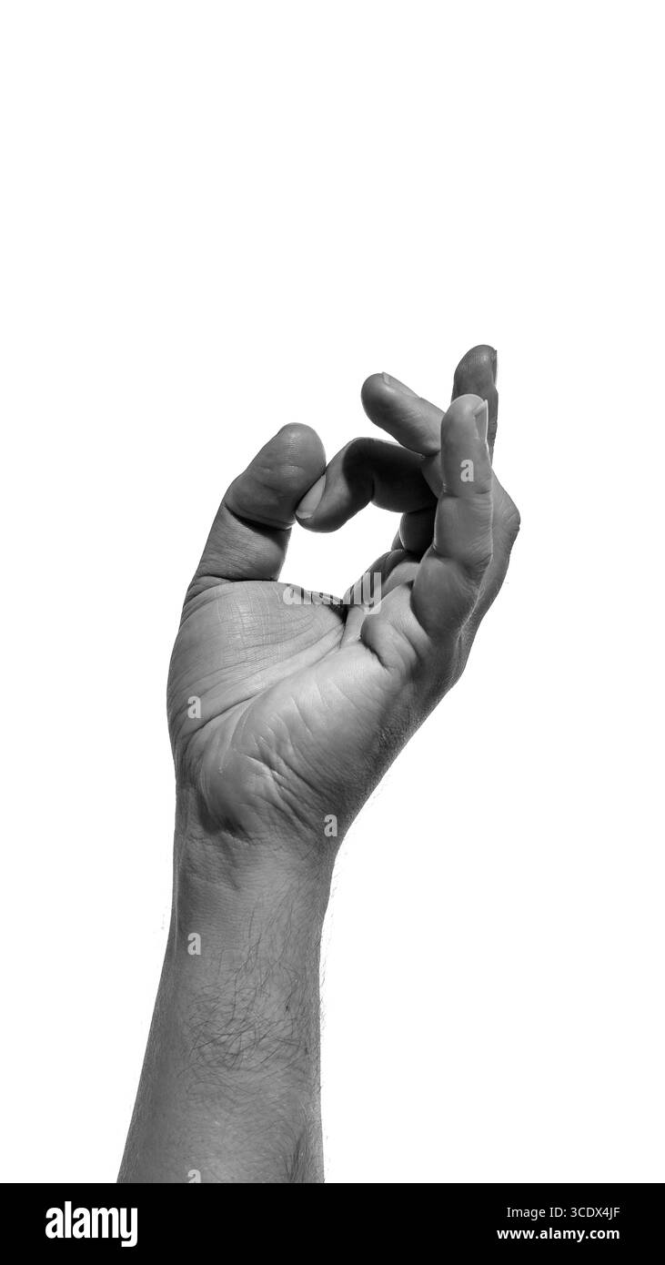 Mano in bianco e nero con il pollice a contatto con il dito medio isolato su sfondo bianco Foto Stock