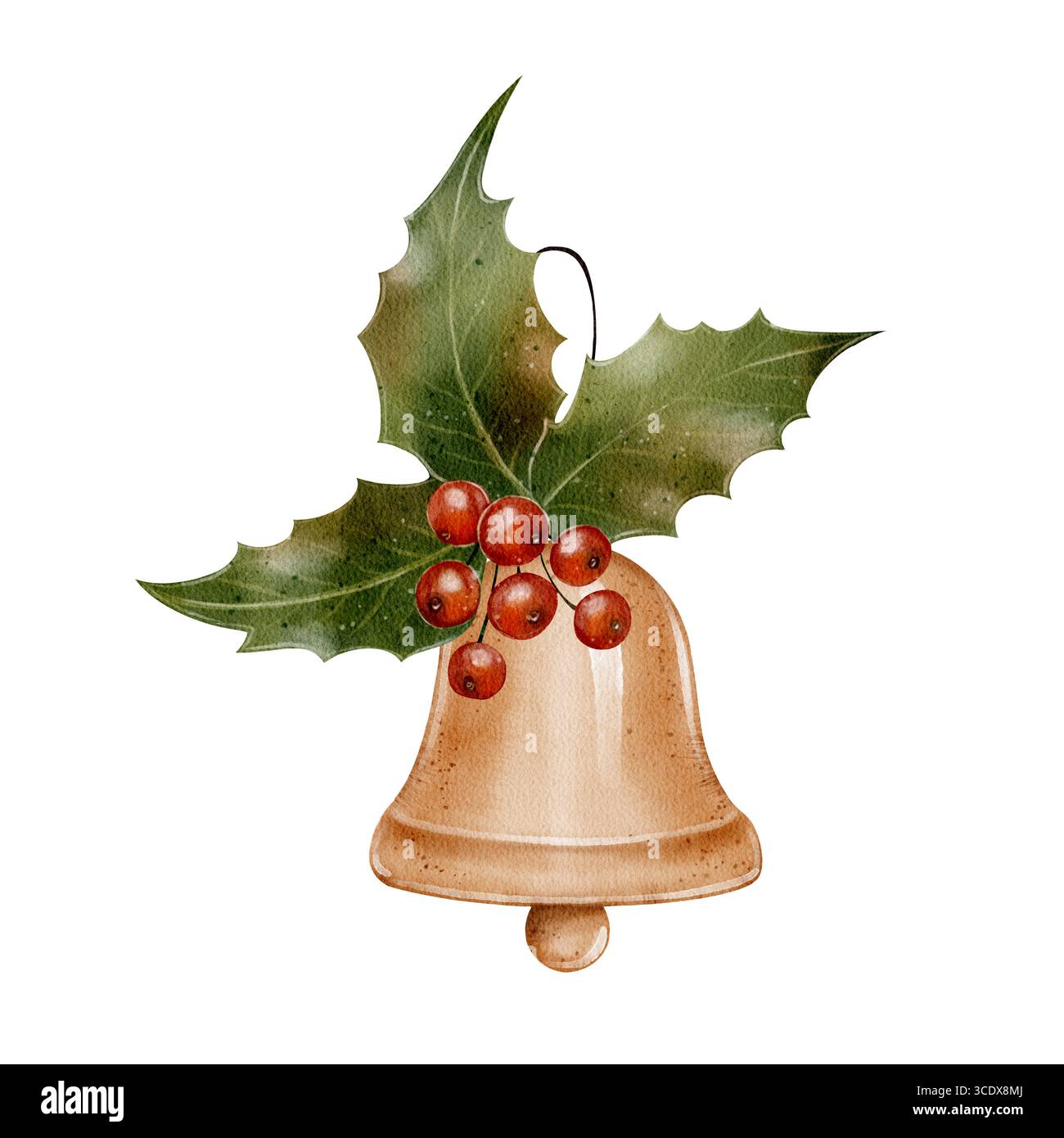 Illustrazione ad acquerello di una campana di Natale con foglie di agrifoglio e bacche rosse su sfondo bianco. Perfetto per cartoline, confezioni e adesivi Foto Stock