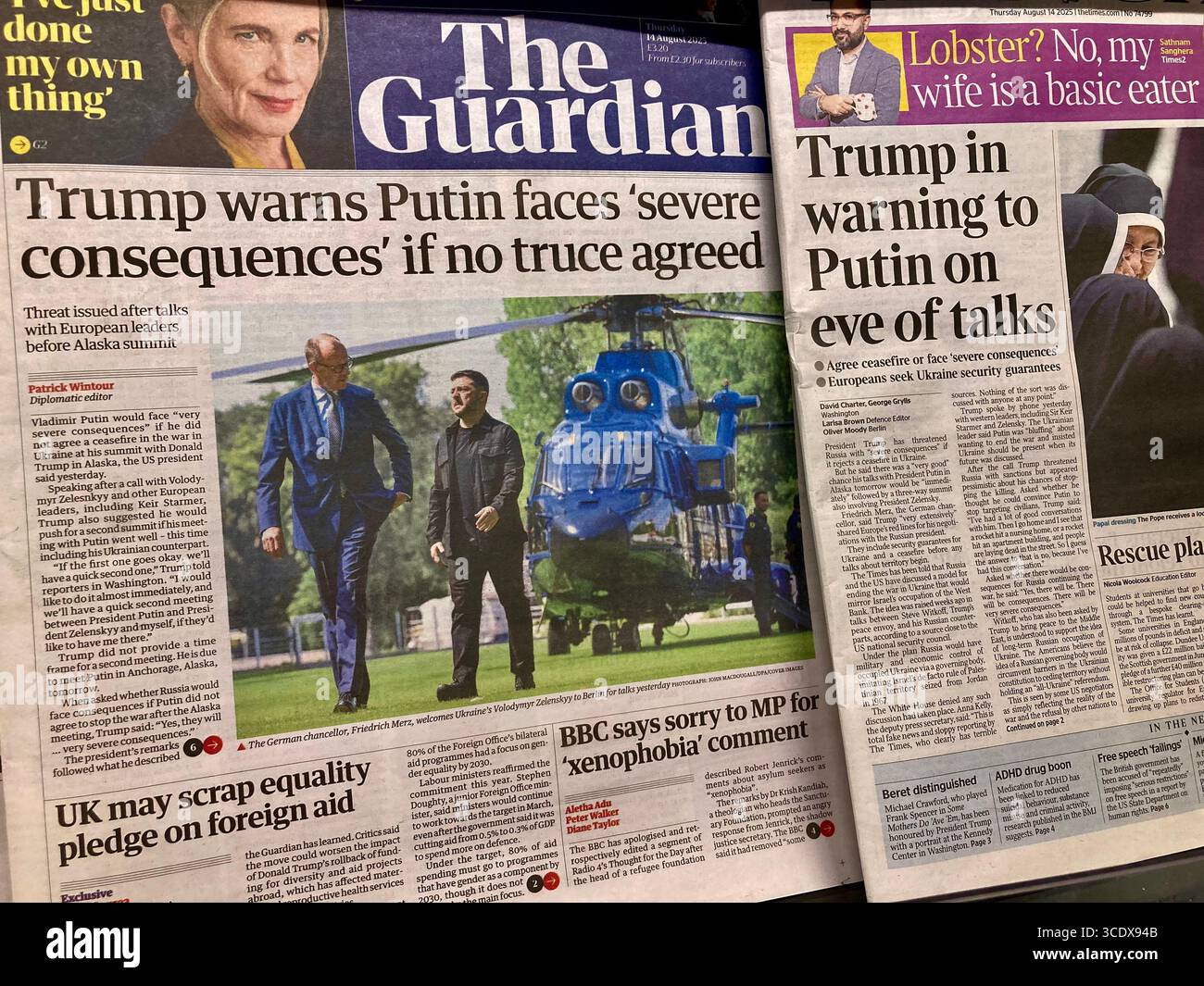 I giornali britannici riportano che Trump avverte Putin di affrontare gravi conseguenze se non è stata concordata una tregua Foto Stock