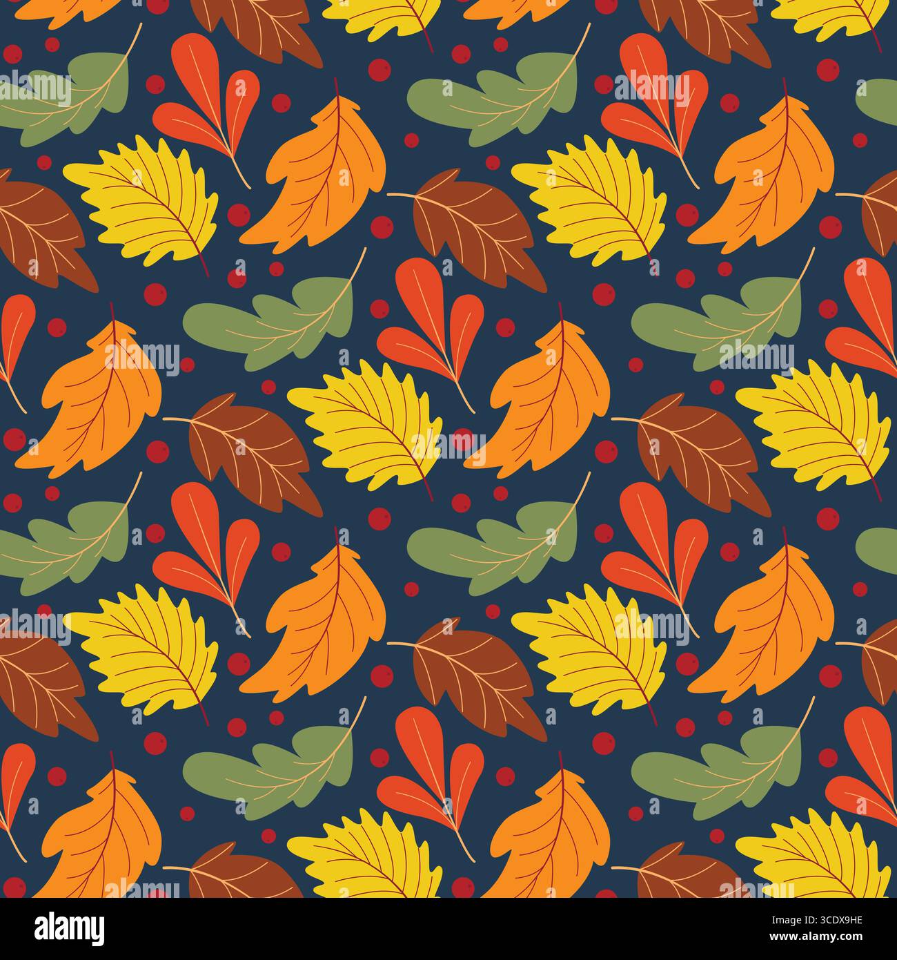 Foresta autunnale senza cuciture con foglie d'albero colorate e mirtilli rossi. Accogliente atmosfera autunnale. Stampa naturale del fogliame per tessuti Illustrazione Vettoriale