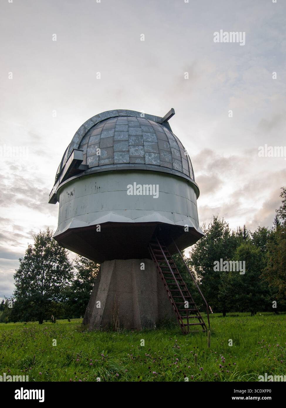 22 agosto 2010, Tõravere, Estonia: Grande cupola d'argento dell'Osservatorio di Tõravere circondata da campi verdi e alberi. Foto Stock